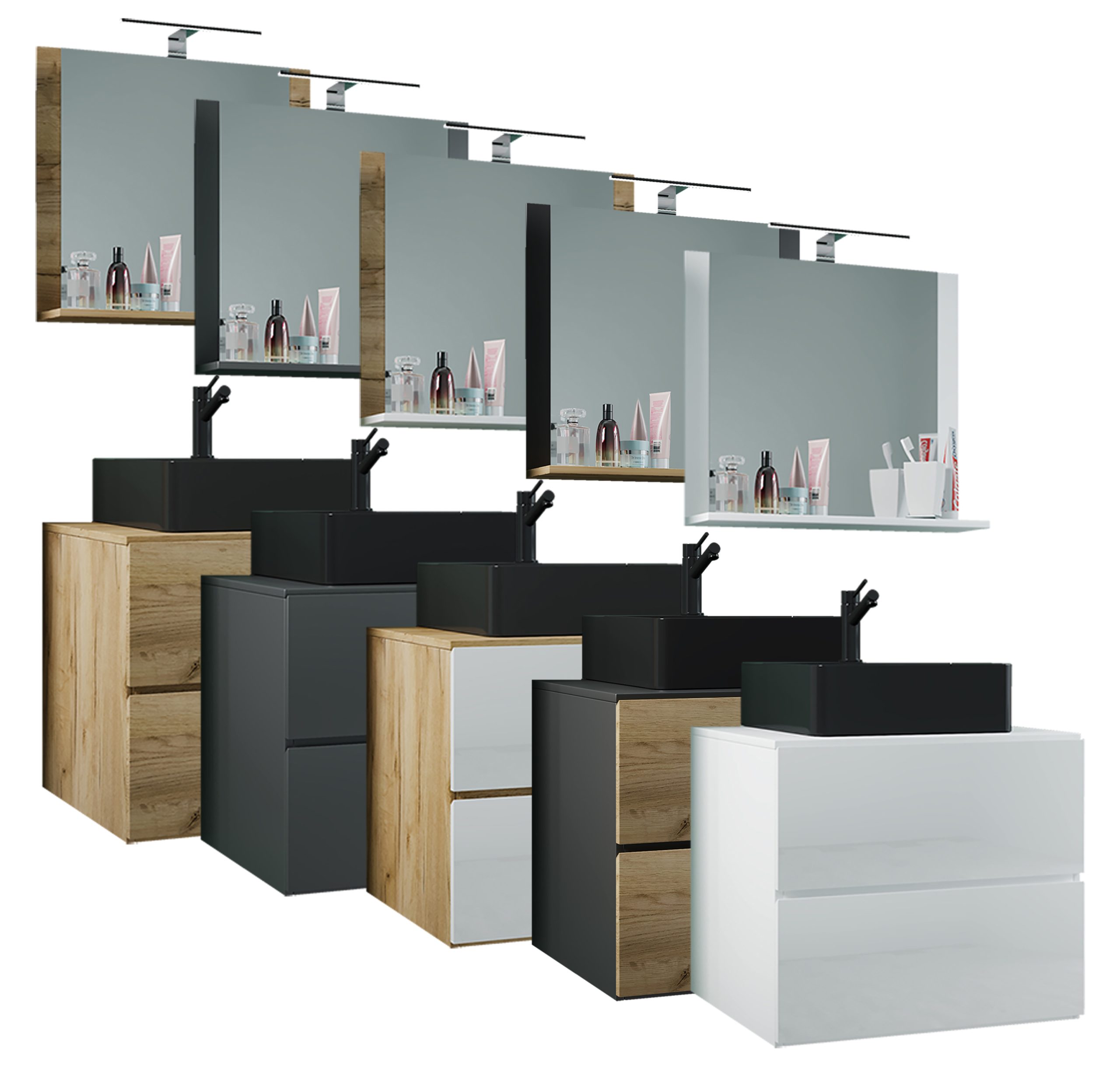 VCM 3-tlg. Waschplatz Waschtisch   schwarzes Waschbecken Unterschrank Breite 60 cm    Badmöbel Set mit Schubladen Spiegel   Lendas S BL