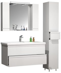 VCM 4-tlg. Waschplatz Waschtisch 100 cm Badmöbel Set Waschbecken grifflose Schublade Spiegelschrank Hochschrank Silora XL