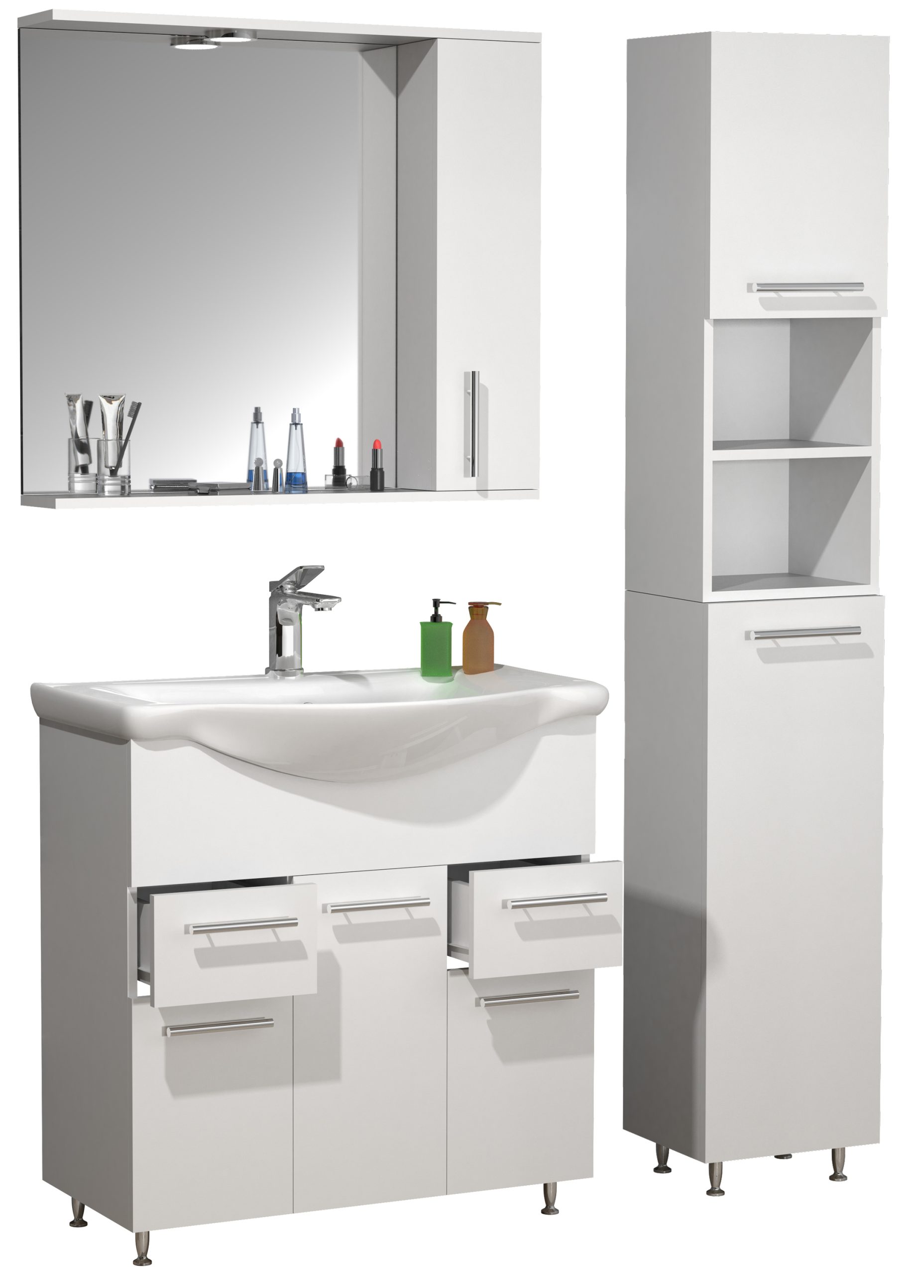 VCM 4-tlg. Waschplatz   Waschtisch Badmöbel Unterschrank 75 cm   Set mit Waschbecken Spiegelschrank Hochschrank   Schubladen und Drehtüren   Komplett Lisalo XL