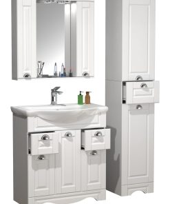 VCM 4-tlg. Waschplatz Waschtisch Breite 75 cm Badmöbel Set Waschbecken Spiegelschrank Hochschrank Schublade Landhaus Casalo XL