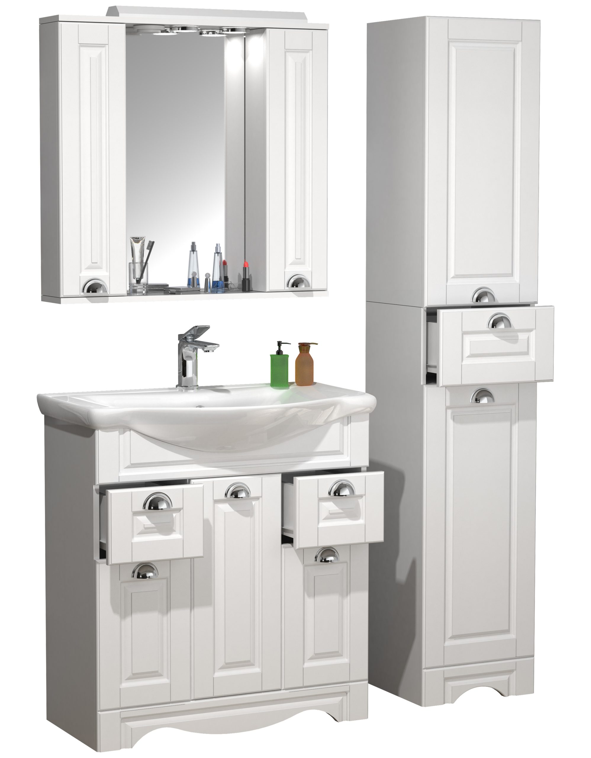 VCM 4-tlg. Waschplatz Waschtisch Breite 75 cm Badmöbel Set Waschbecken Spiegelschrank Hochschrank Schublade Landhaus Casalo XL