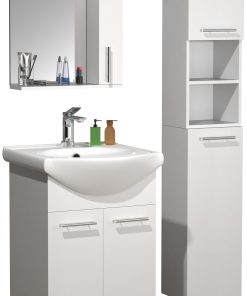 VCM 4-tlg. Waschplatz   Waschtisch Unterschrank 55 cm   Badmöbel Set mit Waschbecken Spiegeschrank Hochschrank   praktische Drehtüren  Komplettset Lisalo M