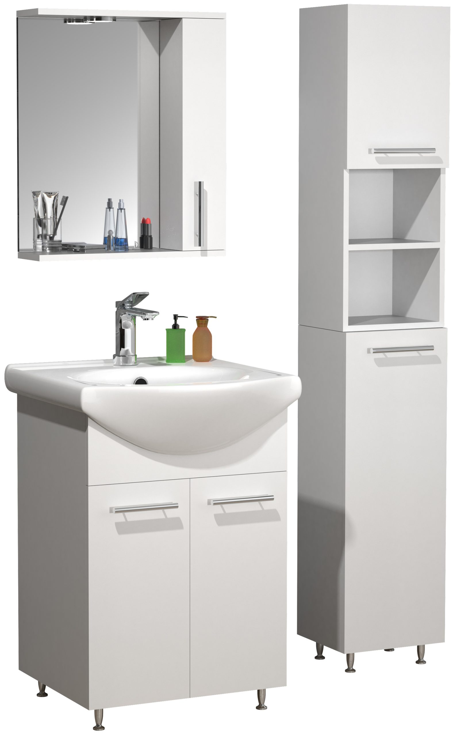 VCM 4-tlg. Waschplatz   Waschtisch Unterschrank 55 cm   Badmöbel Set mit Waschbecken Spiegeschrank Hochschrank   praktische Drehtüren  Komplettset Lisalo M