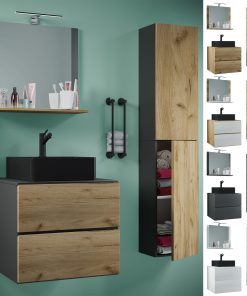 VCM 4-tlg. Waschplatz Waschtisch   schwarzes Waschbecken Unterschrank Breite 60 cm    Badmöbel Set mit Schubladen Drehtüren Spiegel   Lendas S BL