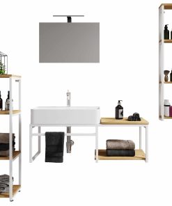 VCM 5-tlg. Waschplatz Waschtisch Badmöbel Set Waschbecken Holz Metall Industrial Style Bitila 100 V1