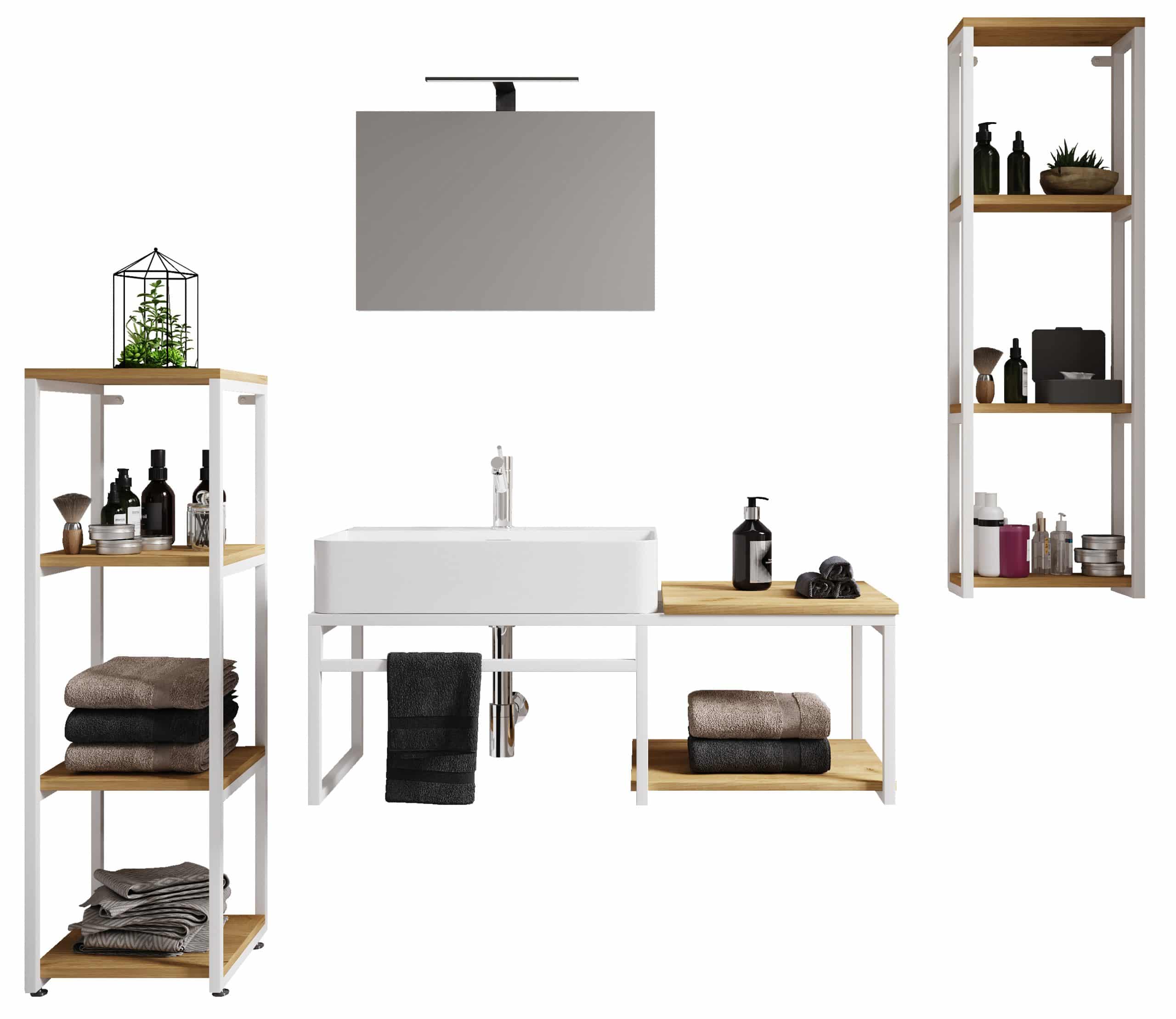 VCM 5-tlg. Waschplatz Waschtisch Badmöbel Set Waschbecken Holz Metall Industrial Style Bitila 100 V1