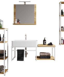 VCM 5-tlg. Waschplatz Waschtisch Badmöbel Set Waschbecken Holz Metall Industrial Style Bitila 100 V2