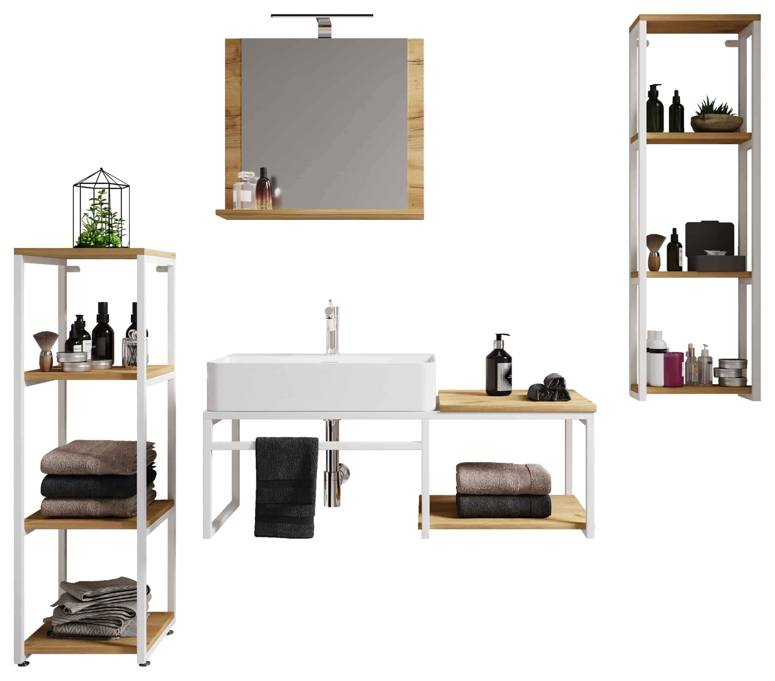 VCM 5-tlg. Waschplatz Waschtisch Badmöbel Set Waschbecken Holz Metall Industrial Style Bitila 100 V2