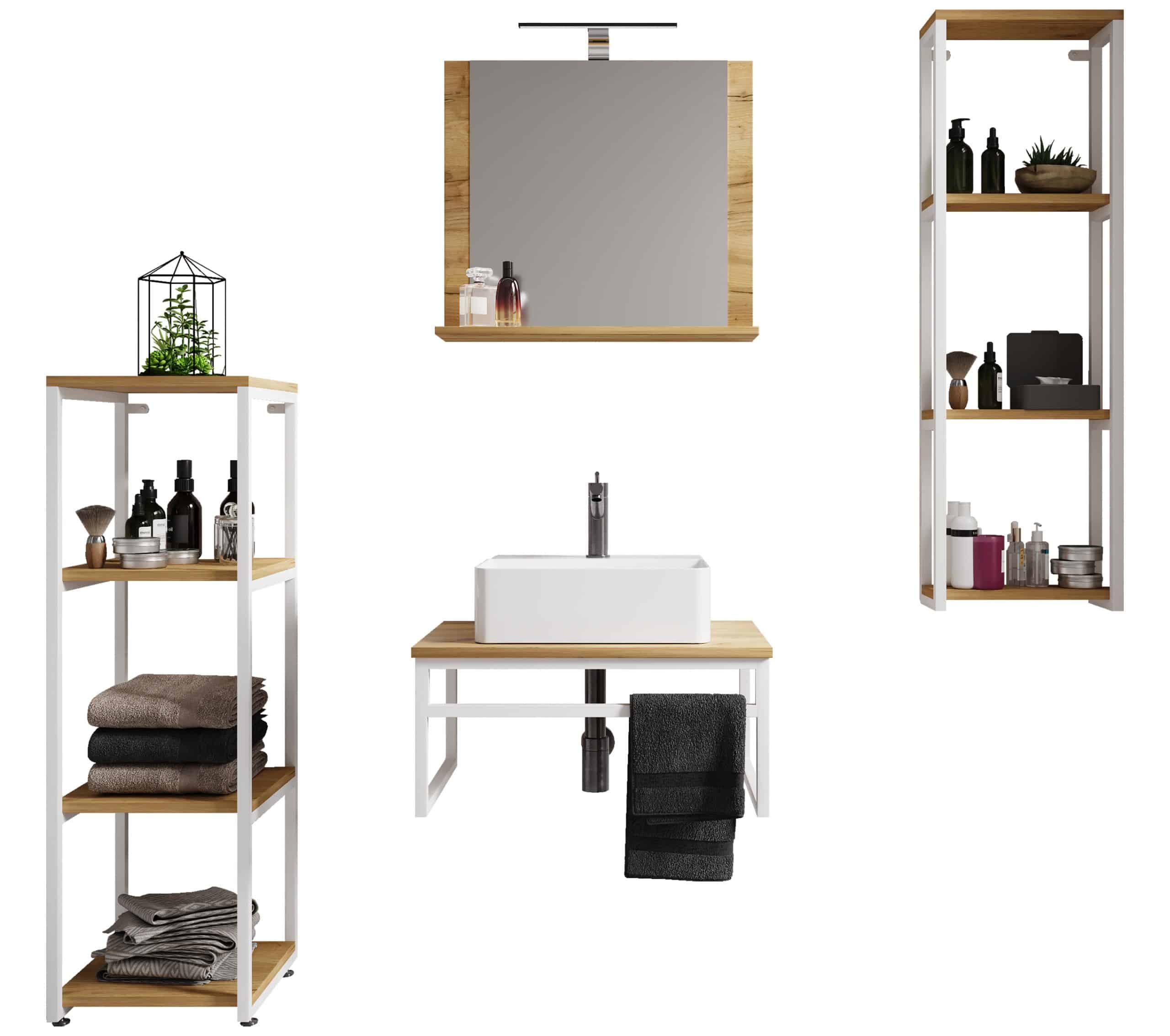 VCM 5-tlg. Waschplatz Waschtisch Badmöbel Set Waschbecken Holz Metall Industrial Style Bitila 60 V2