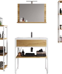 VCM 5-tlg. Waschplatz Waschtisch Badmöbel Set Waschbecken Holz Metall Industrial Style Bitila 80 V2