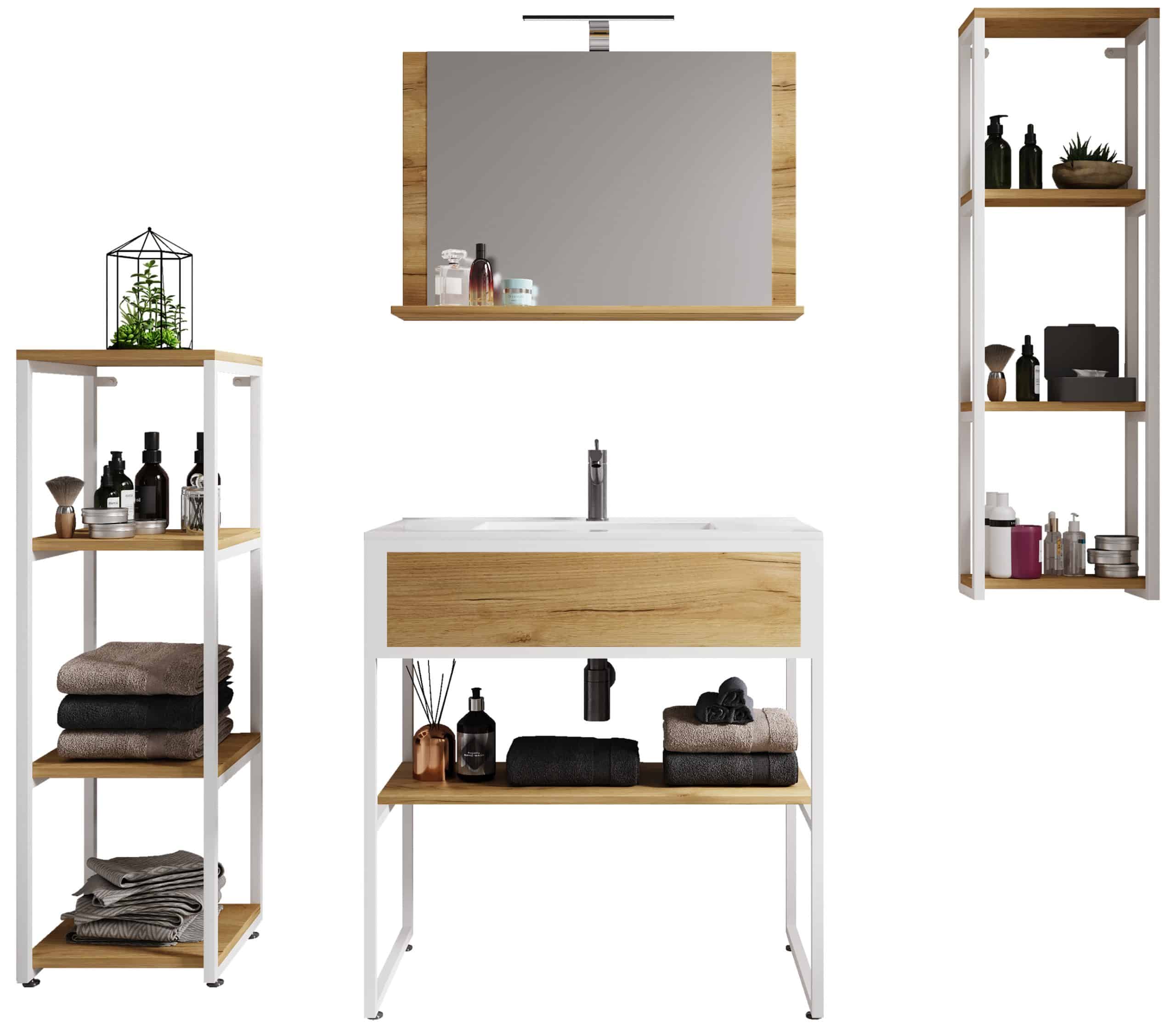 VCM 5-tlg. Waschplatz Waschtisch Badmöbel Set Waschbecken Holz Metall Industrial Style Bitila 80 V2