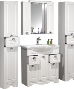 VCM 5-tlg. Waschplatz Waschtisch Breite 75 cm Badmöbel Set Waschbecken Spiegelschrank Hochschrank Landhaus Schublade Casalo XL