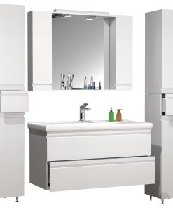 VCM 5-tlg. Waschplatz   Waschtisch Unterschrank 100 cm   Badmöbel Set mit Waschbecken Spiegelschrank Hochschrank   grifflose Schubladen   Komplettset Silora XL