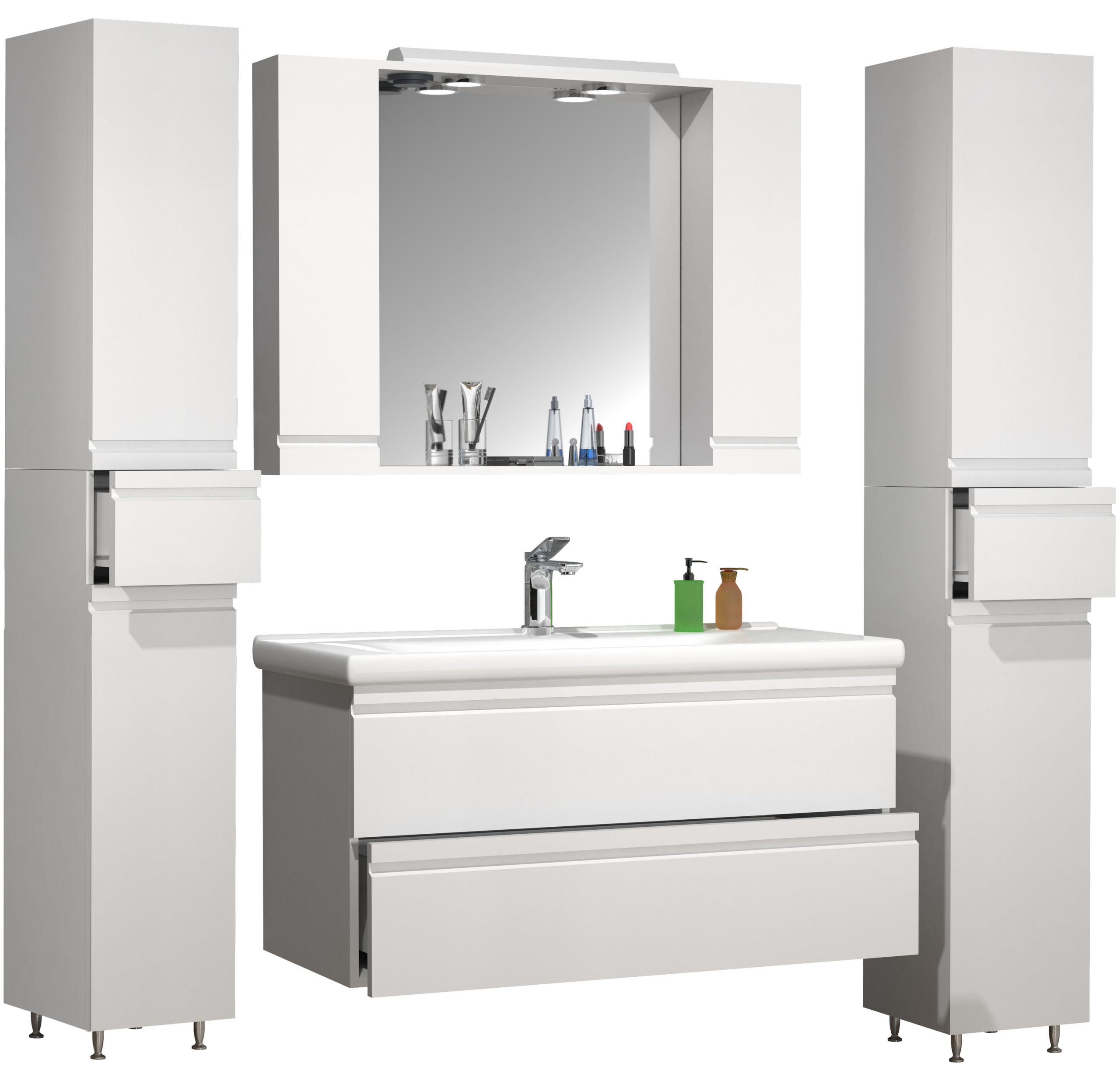 VCM 5-tlg. Waschplatz   Waschtisch Unterschrank 100 cm   Badmöbel Set mit Waschbecken Spiegelschrank Hochschrank   grifflose Schubladen   Komplettset Silora XL