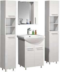 VCM 5-tlg. Waschplatz   Waschtisch Unterschrank 55 cm   Badmöbel Set mit Waschbecken Spiegeschrank Hochschrank   praktische Drehtüren   Komplettset Lisalo M