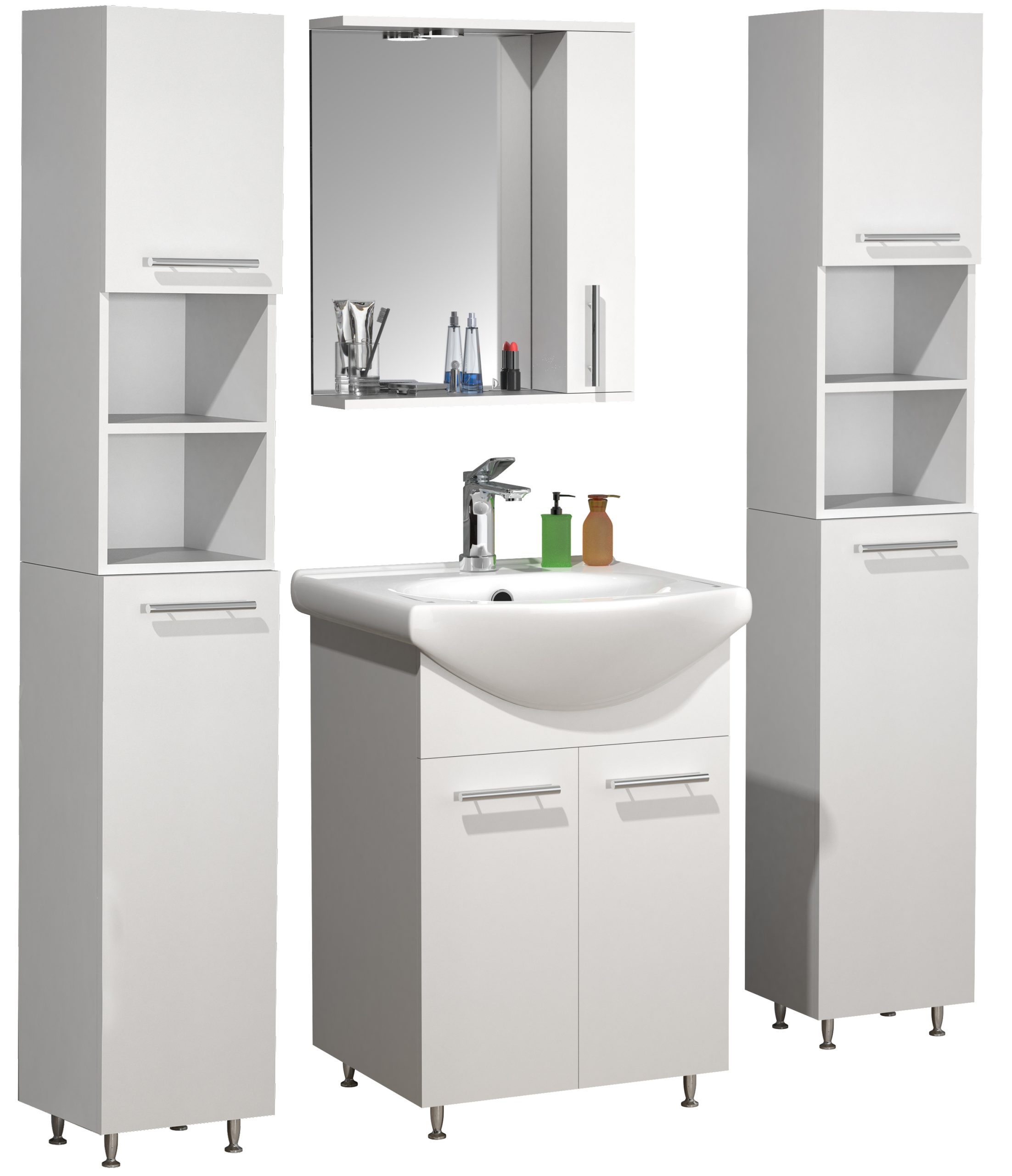 VCM 5-tlg. Waschplatz   Waschtisch Unterschrank 55 cm   Badmöbel Set mit Waschbecken Spiegeschrank Hochschrank   praktische Drehtüren   Komplettset Lisalo M