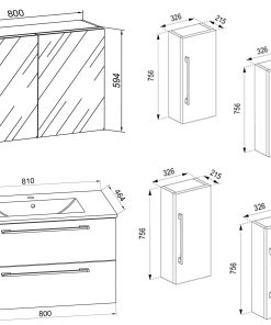 VCM 5-tlg. Waschplatz Waschtisch   Waschbecken Unterschrank Breite 80 cm   Badmöbel Set mit Schubladen Drehtüren Spiegelschrank   Badinos