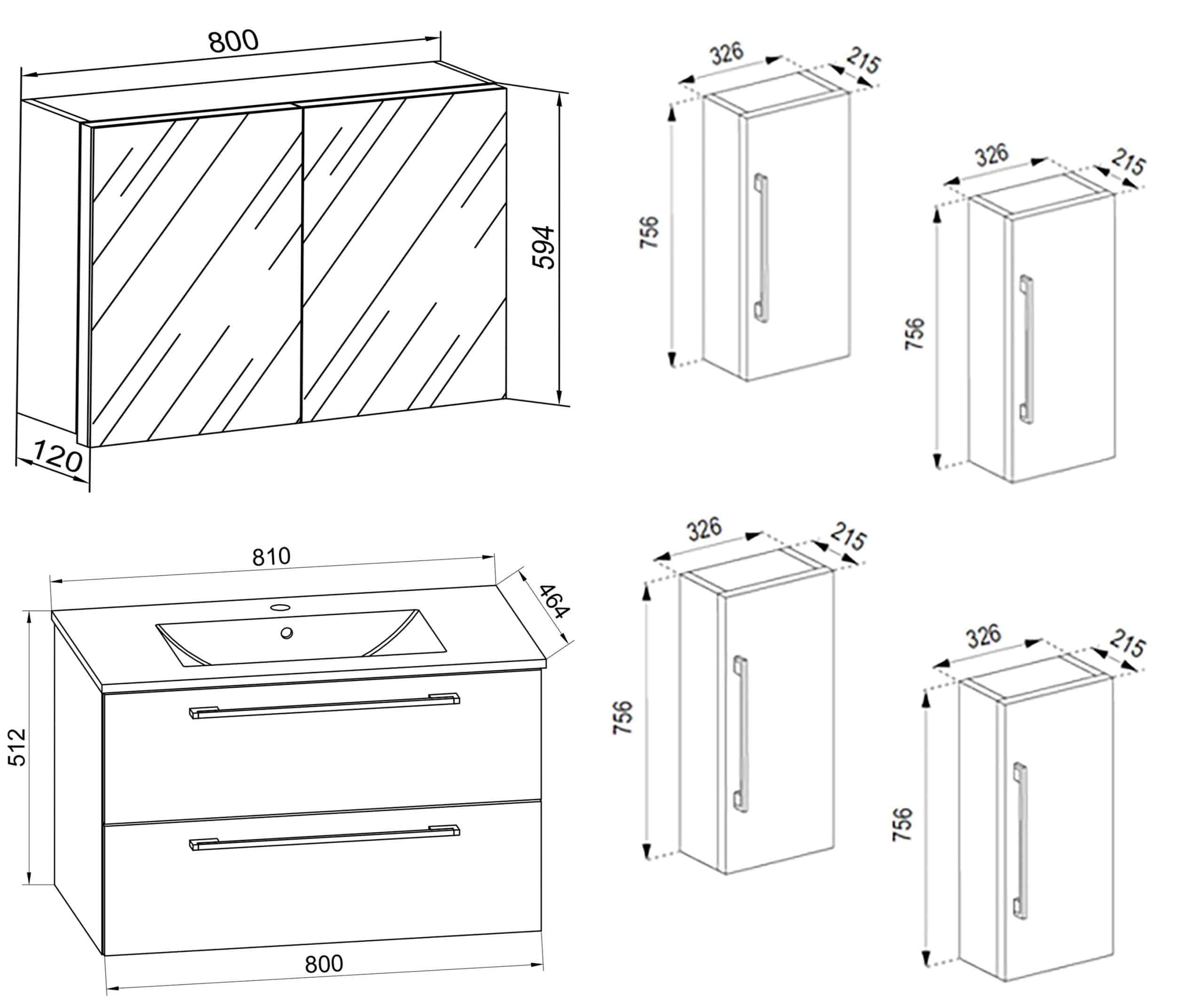 VCM 5-tlg. Waschplatz Waschtisch   Waschbecken Unterschrank Breite 80 cm   Badmöbel Set mit Schubladen Drehtüren Spiegelschrank   Badinos