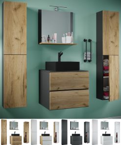 VCM 5-tlg. Waschplatz Waschtisch   schwarzes Waschbecken Unterschrank Breite 60 cm    Badmöbel Set mit Schubladen Drehtüren Spiegel   Lendas S BL