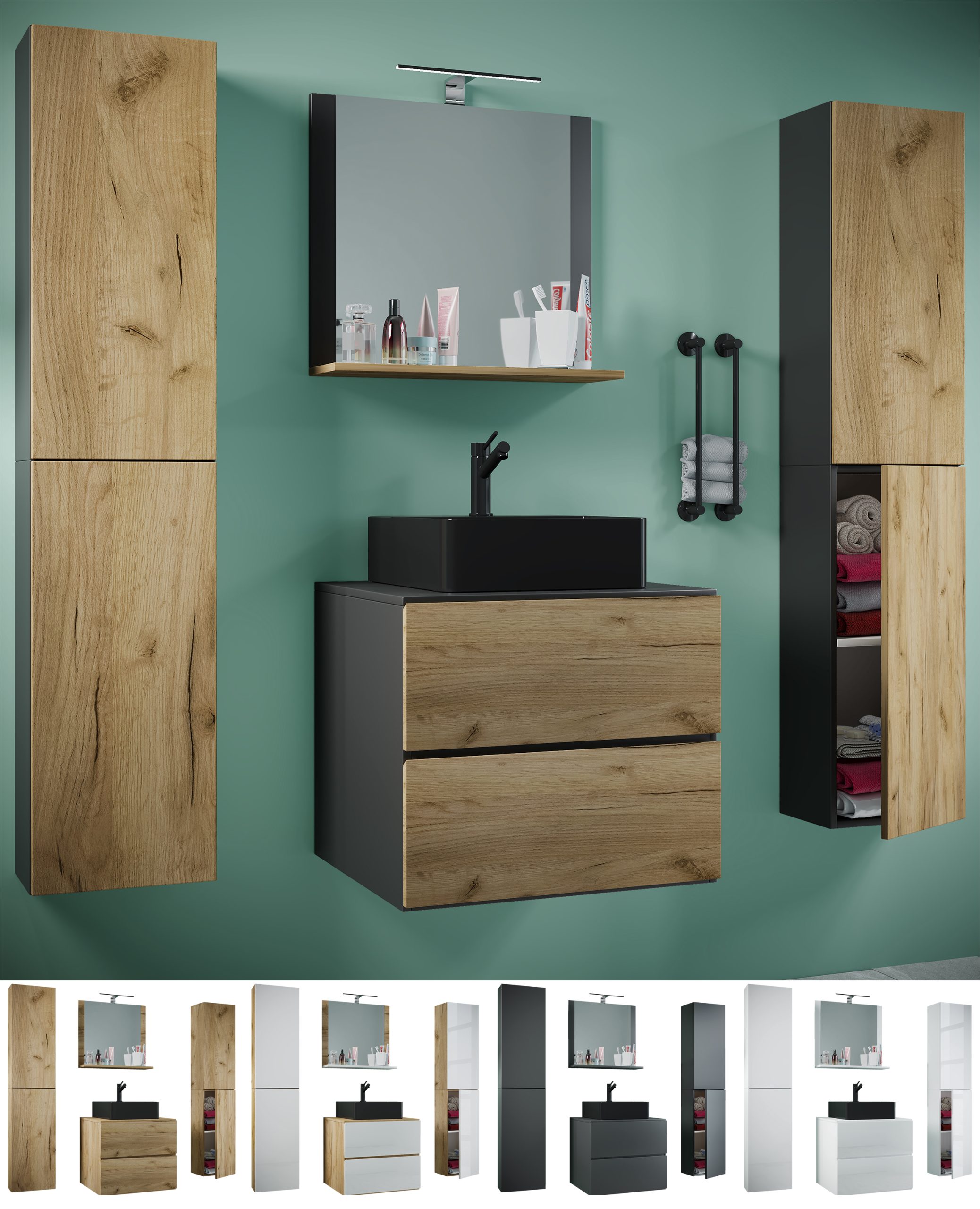 VCM 5-tlg. Waschplatz Waschtisch   schwarzes Waschbecken Unterschrank Breite 60 cm    Badmöbel Set mit Schubladen Drehtüren Spiegel   Lendas S BL