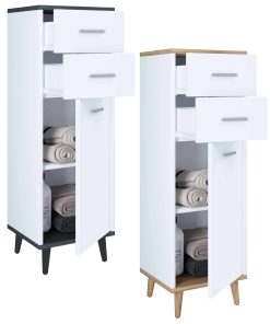 VCM Badmöbel Midischrank   Seitenschrank   Maße: H. 97 x B. 32 x T. 28 cm  2 Schubladen   1 Drehtür   2 Fächer – Landos
