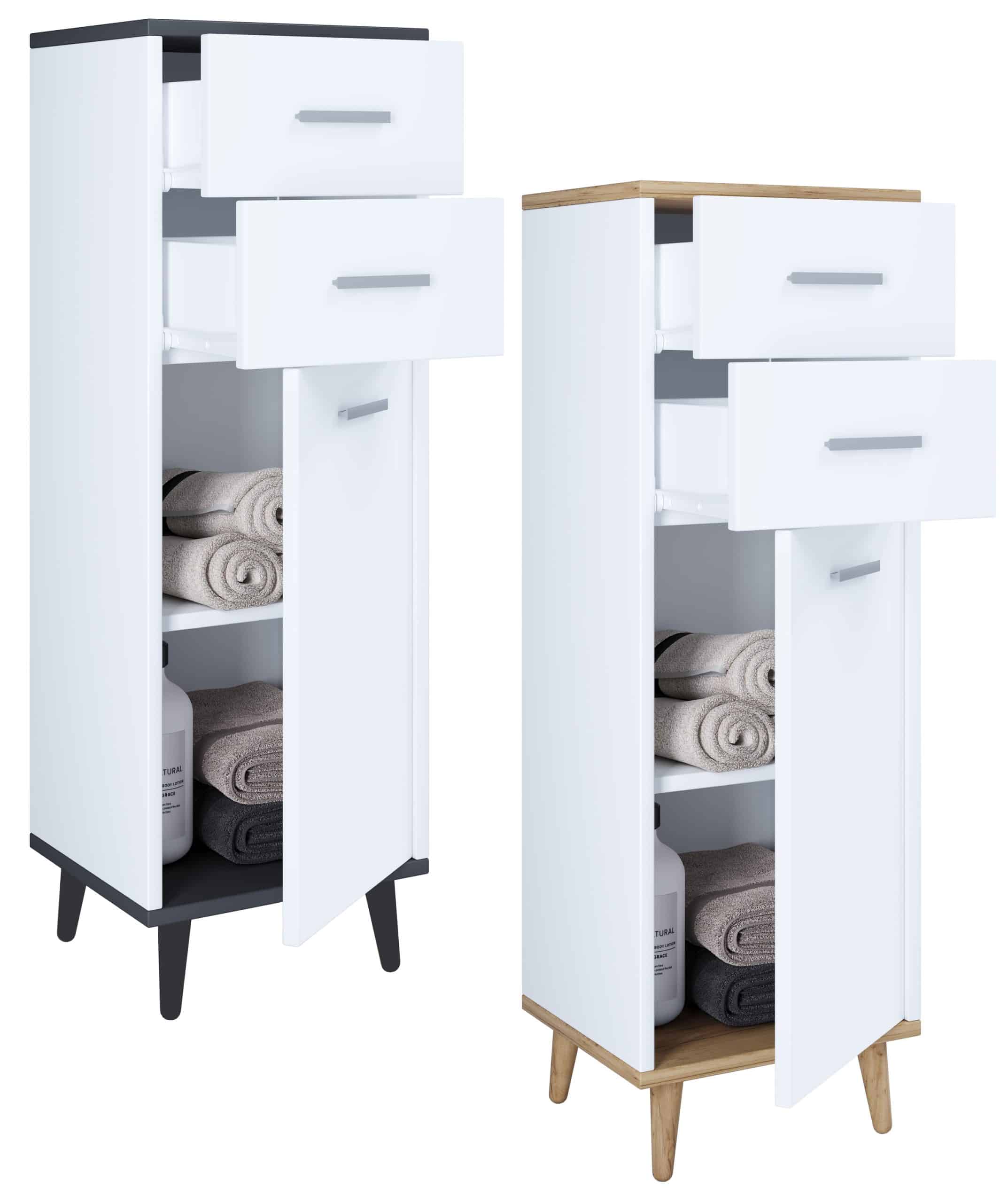 VCM Badmöbel Midischrank   Seitenschrank   Maße: H. 97 x B. 32 x T. 28 cm  2 Schubladen   1 Drehtür   2 Fächer – Landos