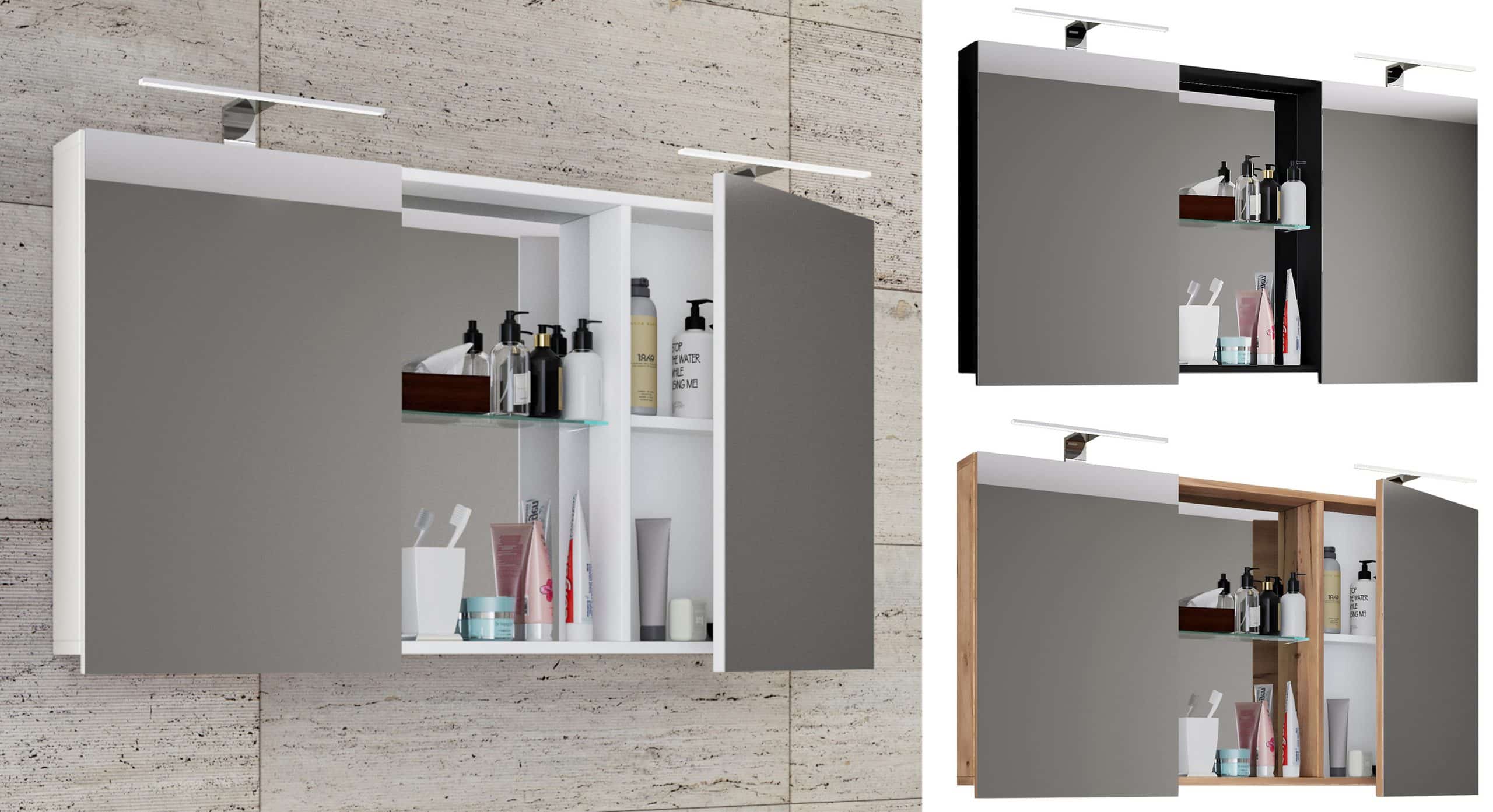 VCM Badschrank zeitlos   Maße ca. H. 59 x B. 112 cm T. 12 cm   Zwei Drehtüren mit Ablagefächer   Spiegelschrank - Budasi