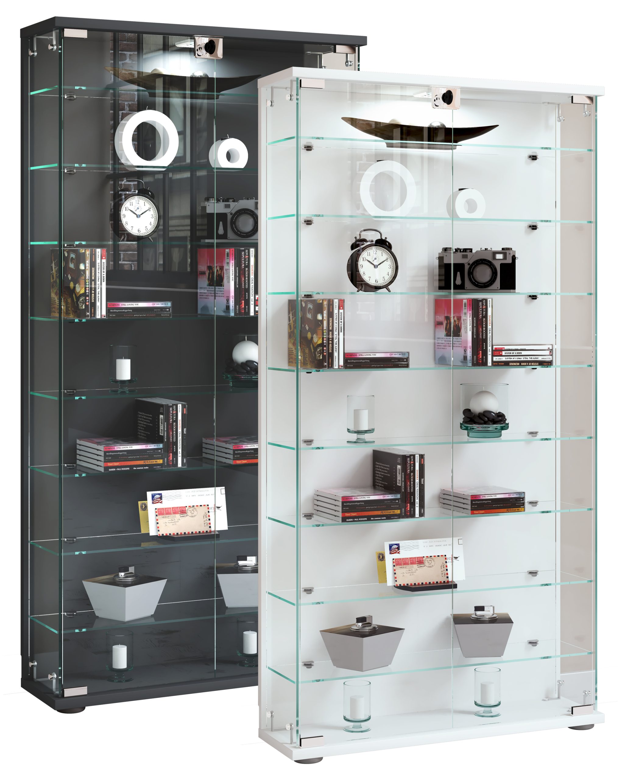 VCM Glasvitrine stehend   Vitrine Glas mit ESG-Sicherheitsglas   Maße ca. H. 114 x B. 59 x T. 17 cm   Standvitrine Glas   Modern und platzsparend   Glas Vitrinenschrank – Stelas L