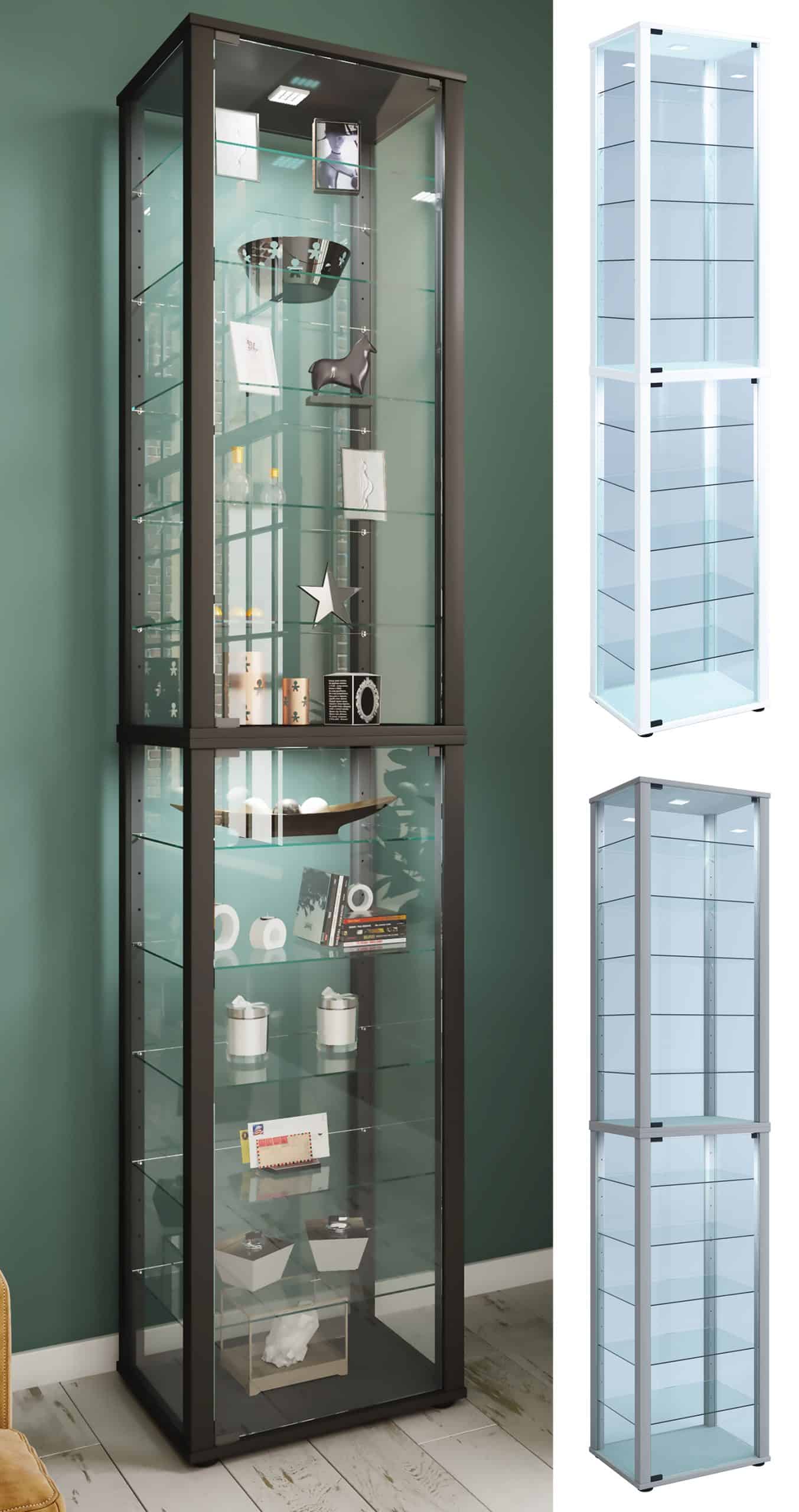 VCM Glasvitrine stehend   Vitrine Glas mit ESG-Sicherheitsglas   Maße ca. H. 227 x B. 50 x T. 38 cm   Standvitrine Glas   Modern und platzsparend   Glas Vitrinenschrank – Kavisa XXL