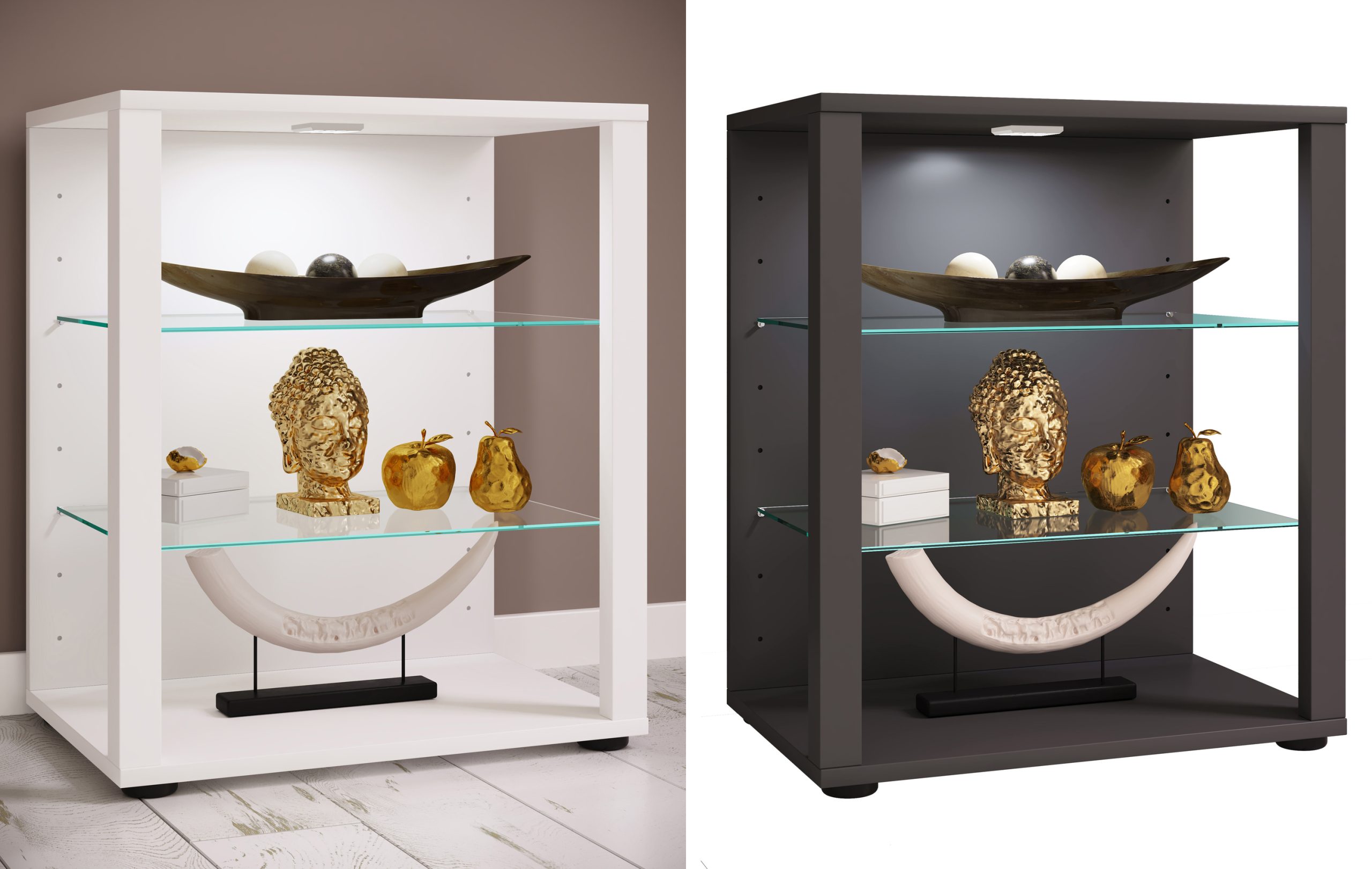 VCM Glasvitrine stehend   Vitrine Glas mit ESG-Sicherheitsglas   Maße ca. H. 60 x B. 52 x T. 35 cm   Standvitrine Glas   Modern und platzsparend   Glas Vitrinenschrank – Glasol S