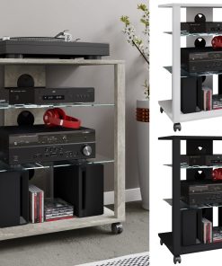 VCM Hifi Holz Möbel   Rack Schrank Phono Regal mit Rollen   2 Glasböden   Maße: H. 70 x B. 60 x T. 41 cm    Phono Mediaregal - Folas