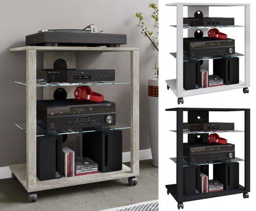 VCM Hifi Holz Möbel   Rack Schrank Phono Regal mit Rollen   2 Glasböden   Maße: H. 70 x B. 60 x T. 41 cm    Phono Mediaregal - Folas
