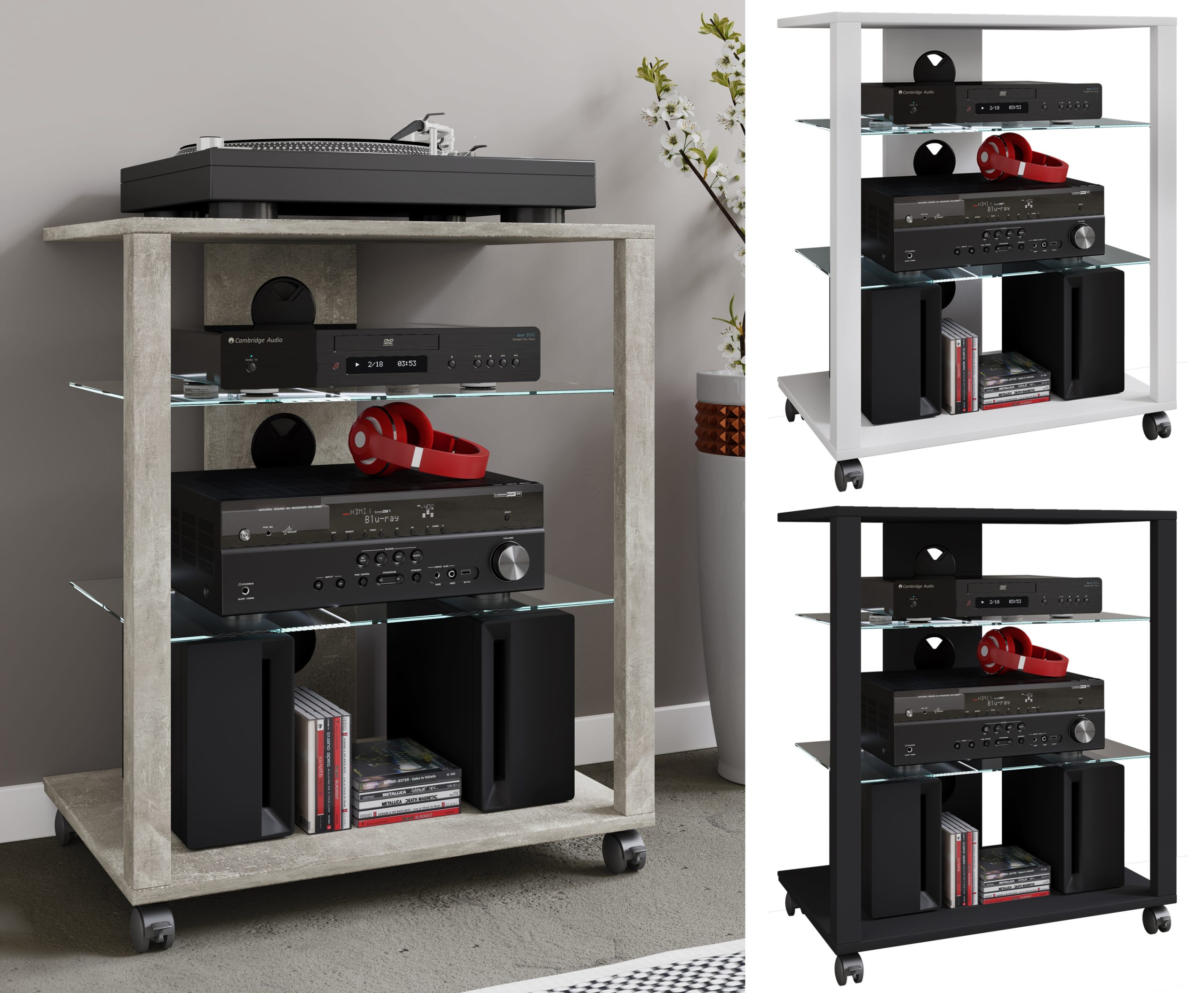 VCM Hifi Holz Möbel   Rack Schrank Phono Regal mit Rollen   2 Glasböden   Maße: H. 70 x B. 60 x T. 41 cm    Phono Mediaregal - Folas