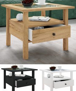 VCM Holz Beistelltisch mit ESG-Sicherheitsglas   Couchtisch schlicht   Maße ca. H. 42 x B. 54 x T. 54 cm   Wohnzimmertisch mit Schublade   Sofatisch - Lingis M