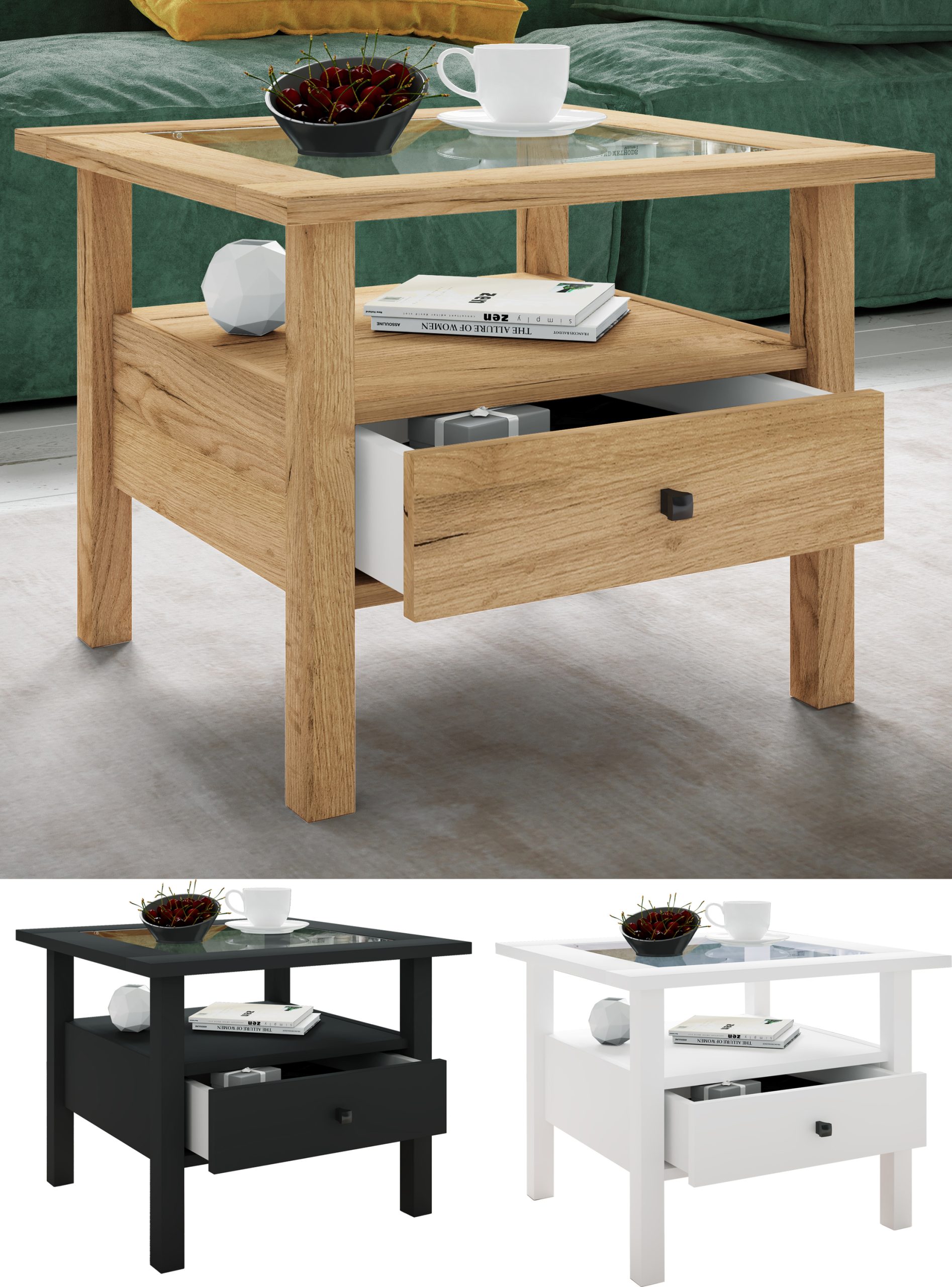 VCM Holz Beistelltisch mit ESG-Sicherheitsglas   Couchtisch schlicht   Maße ca. H. 42 x B. 54 x T. 54 cm   Wohnzimmertisch mit Schublade   Sofatisch - Lingis M