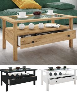 VCM Holz Beistelltisch mit ESG-Sicherheitsglas   Couchtisch schlicht   Maße ca. H. 42 x B. 90 x T. 54 cm   Wohnzimmertisch mit Schublade   Sofatisch - Lingis L