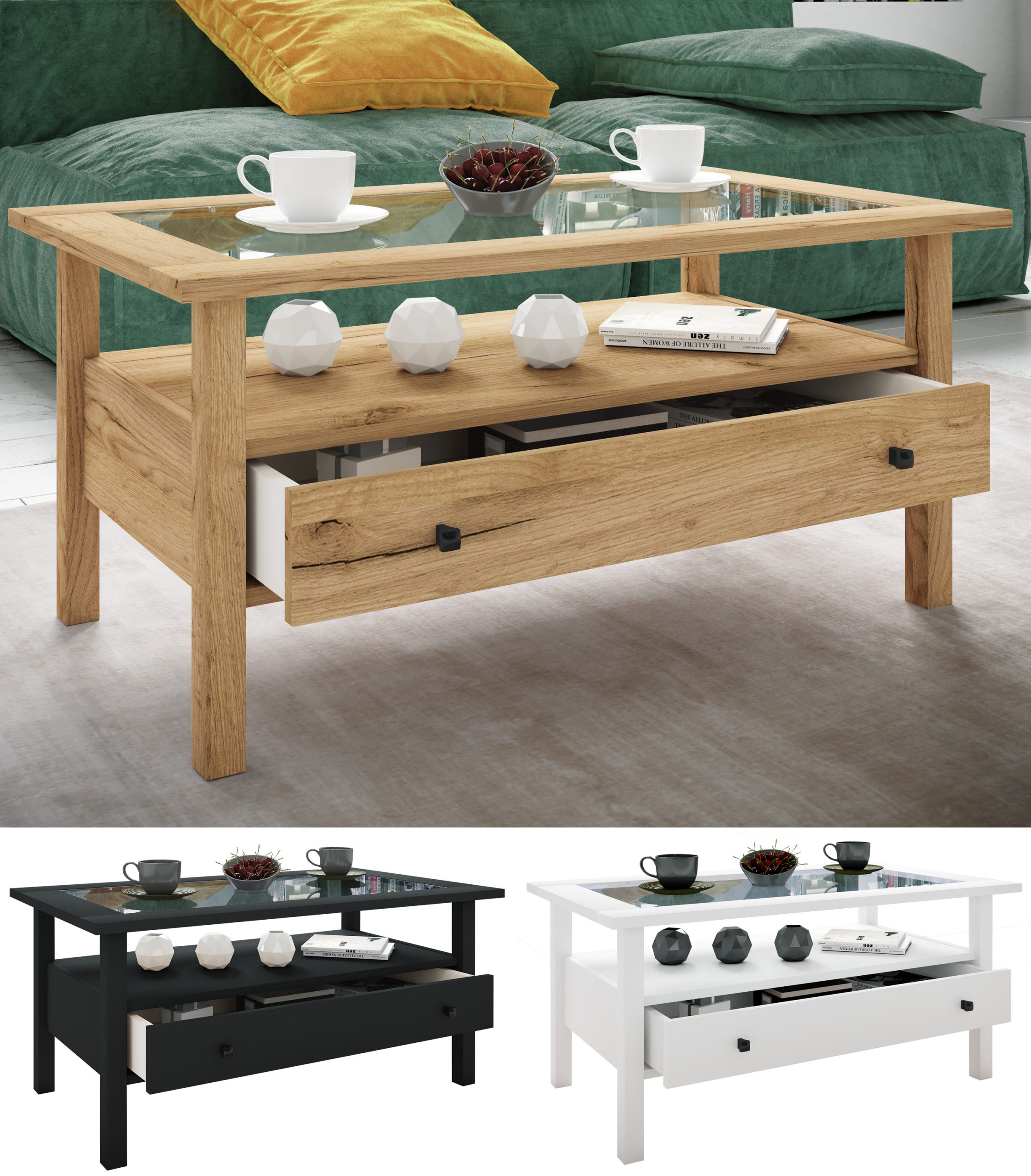 VCM Holz Beistelltisch mit ESG-Sicherheitsglas   Couchtisch schlicht   Maße ca. H. 42 x B. 90 x T. 54 cm   Wohnzimmertisch mit Schublade   Sofatisch - Lingis L