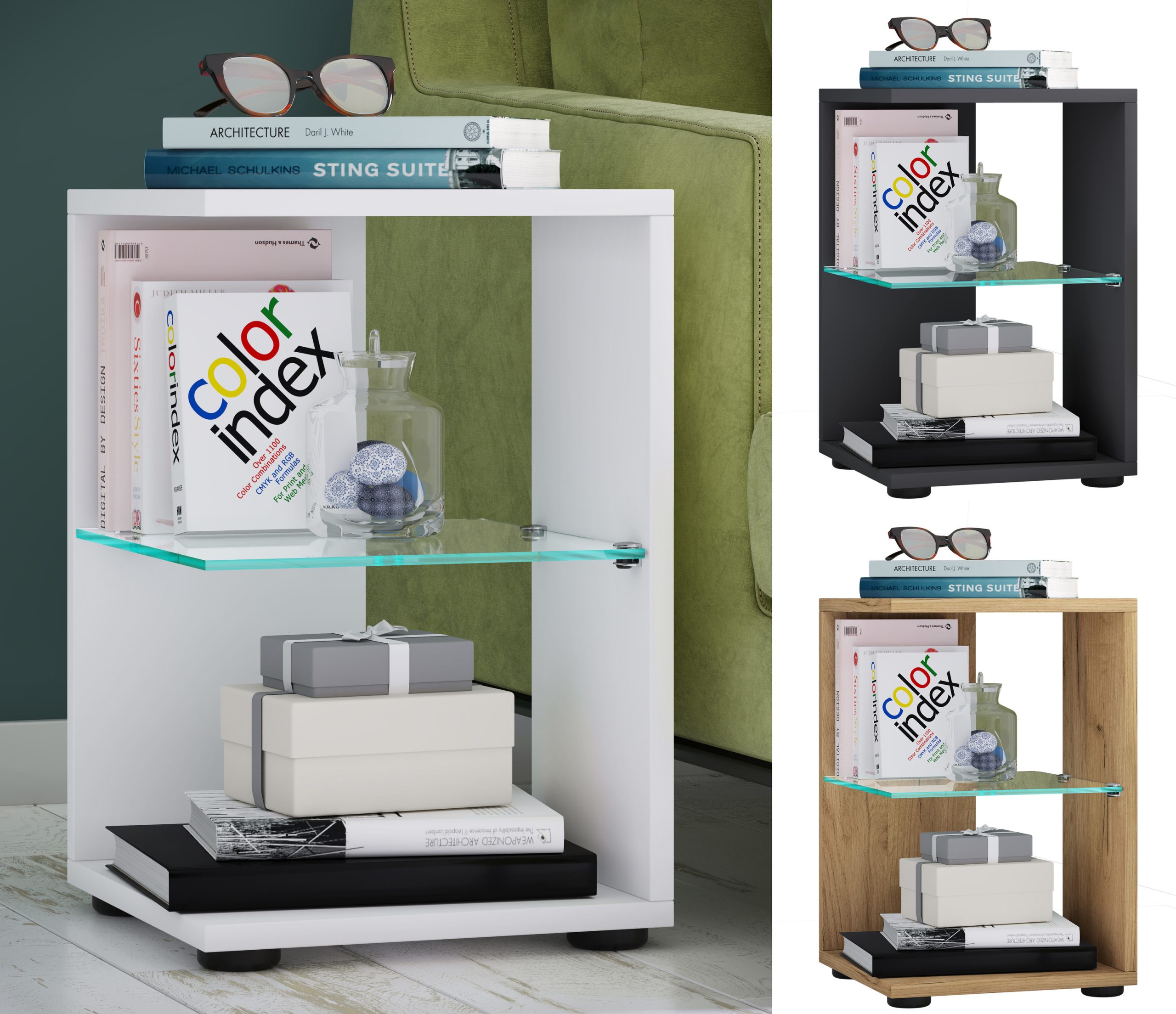 VCM Holz Beistelltisch mit ESG-Sicherheitsglas   Couchtisch schlicht   Maße ca. H. 45 x B. 30 x T. 30 cm   Wohnzimmertisch   Kaffeetisch - Elani