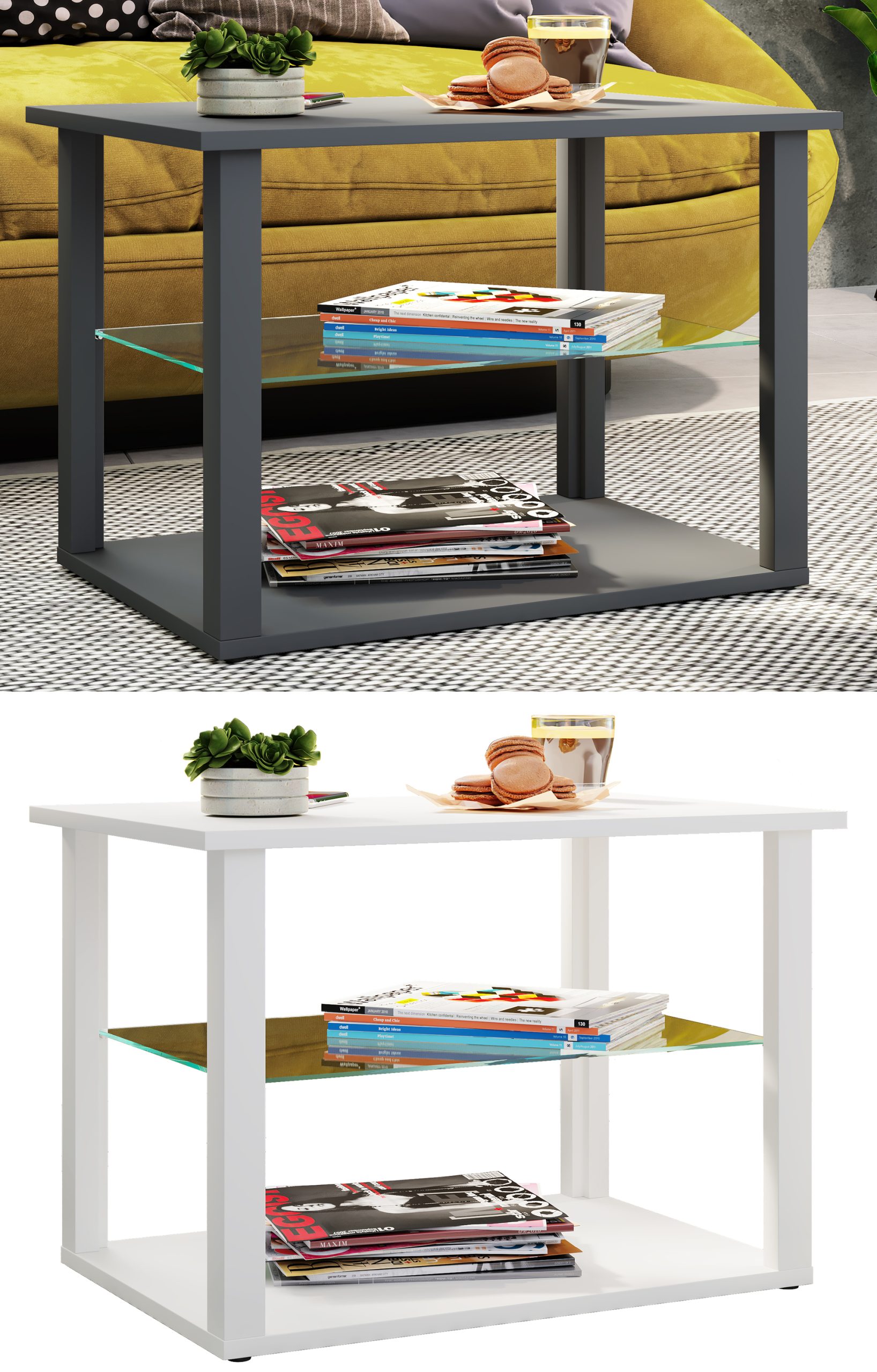 VCM Holz Beistelltisch mit ESG-Sicherheitsglas   Couchtisch schlicht   Maße ca. H. 45 x B. 65 x T. 45 cm   Wohnzimmertisch   Kaffeetisch - Wanilo M