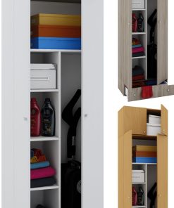 VCM Holz- Besenschrank   6 Fächer   Maße: B. 70 x H. 237 x T. 40 cm   Haushaltsschrank   Mehrzweckschrank   Aufsatz mit 2 Türen   Extra Schublade - Vandol