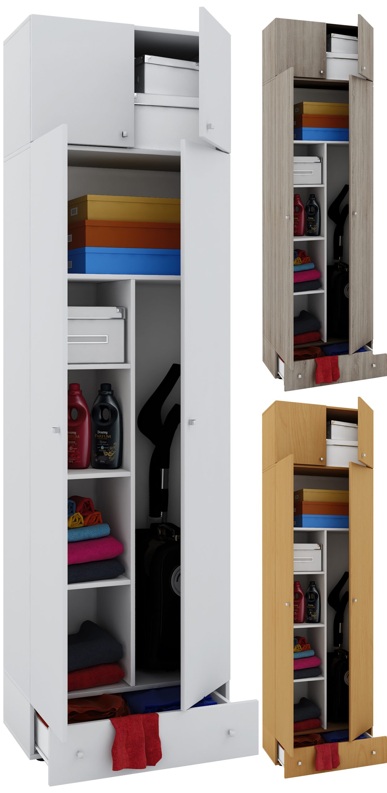 VCM Holz- Besenschrank   6 Fächer   Maße: B. 70 x H. 237 x T. 40 cm   Haushaltsschrank   Mehrzweckschrank   Aufsatz mit 2 Türen   Extra Schublade - Vandol