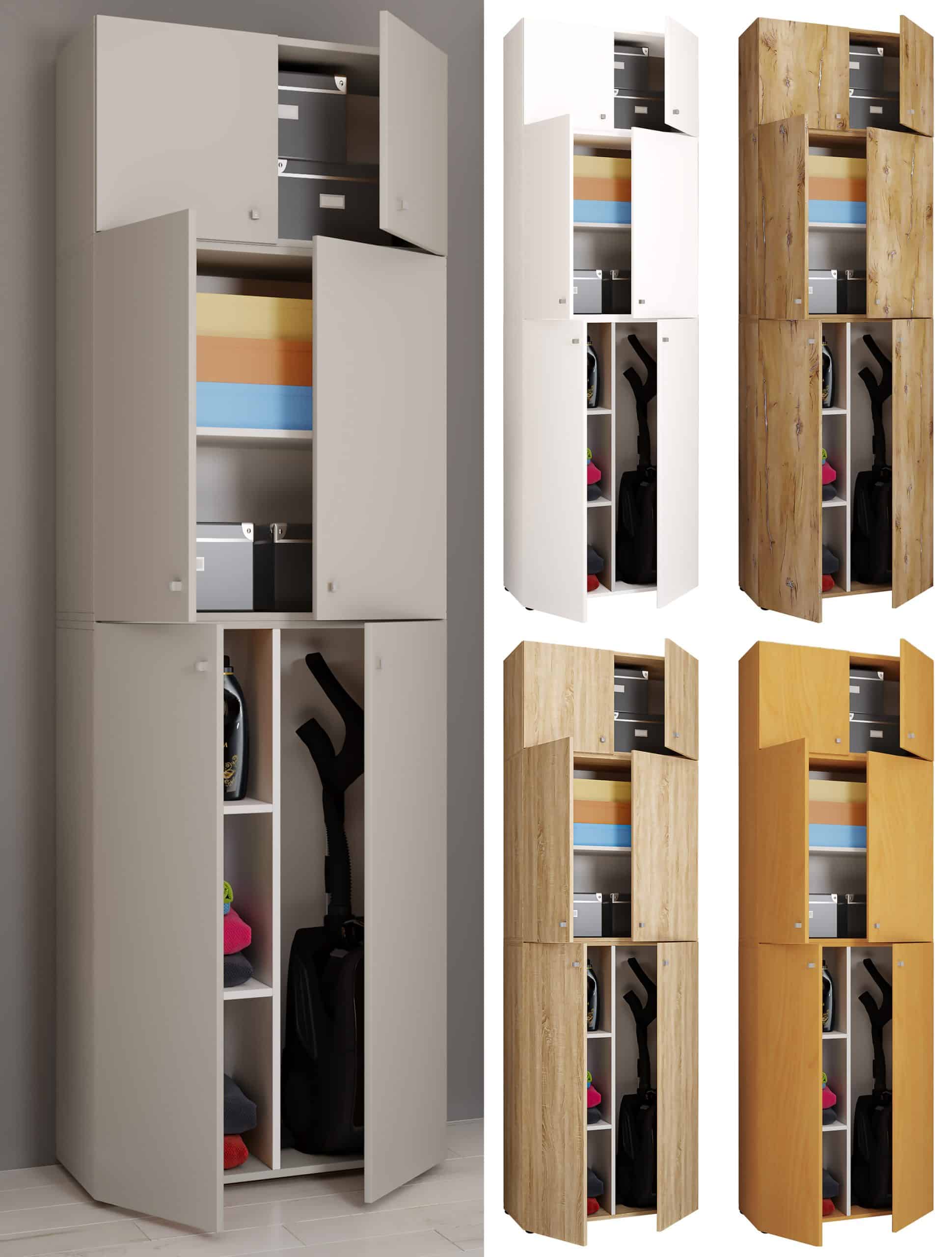 VCM Holz Besenschrank   6 Fächer   Maße: H. 223 x B. 70 x T. 39 cm   Haushaltsschrank   Mehrzweckschrank   Aufsatz mit zwei Türen - Lona