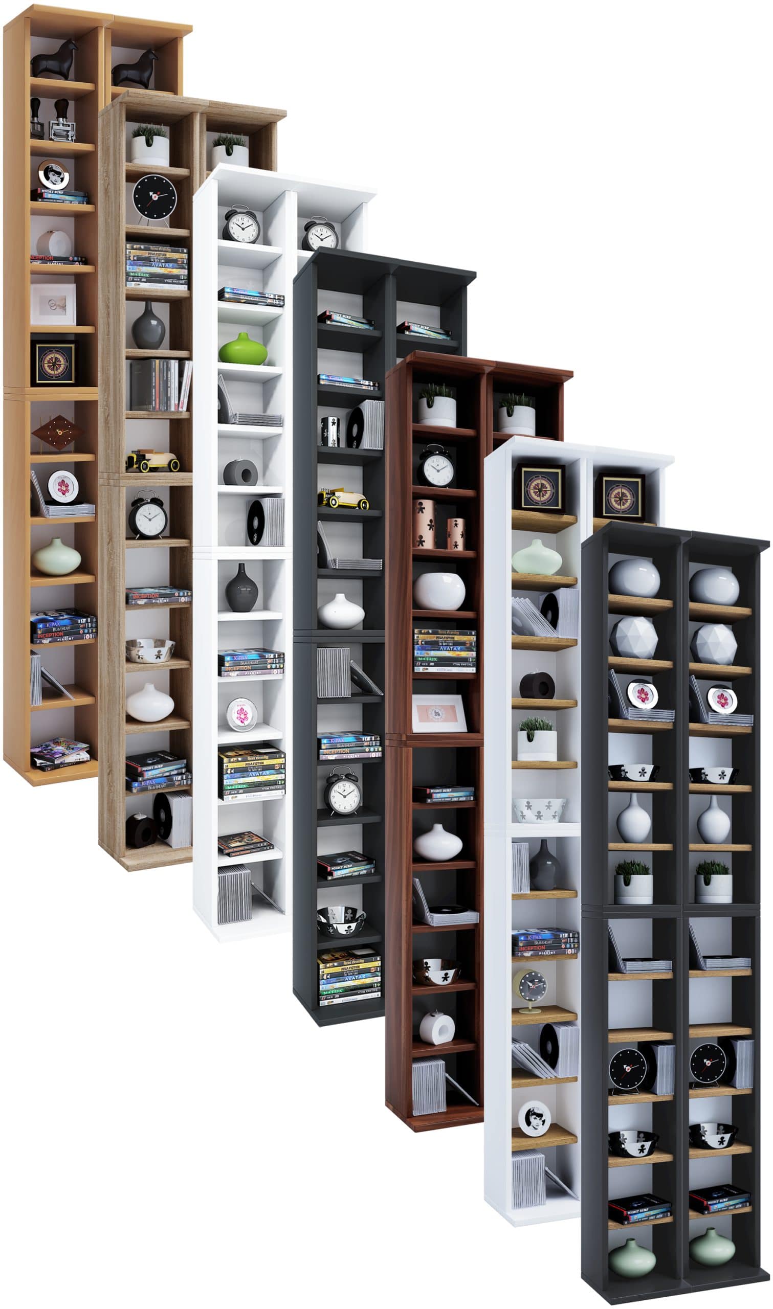 VCM Holz CD DVD Stand Regal   CD Regal mit Platz für 408 CDs oder 144 DVDs oder 80-Videos   Maße: H. 183 x B. 42 x T. 20 cm   Elegantes CD/DVD Regal   Blu ray Regal – Almera