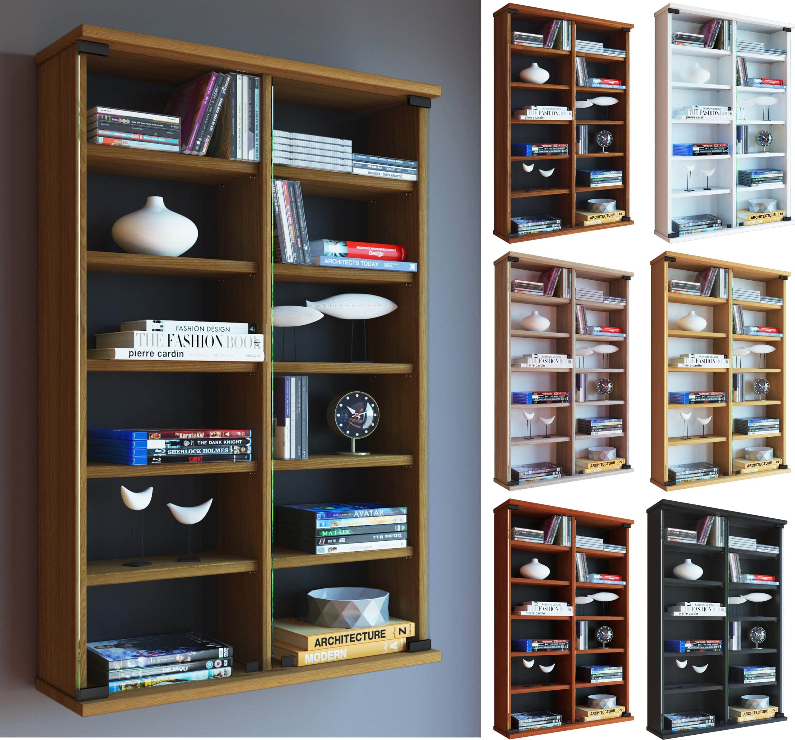 VCM Holz CD DVD Wandregal/Wandvitrine   Vitrine mit 2 ESG-Sicherheitsglastüren.   Maße: H. 92 x B. 60 x T. 18 cm   10 variable Einlegeböden - Zuntisa