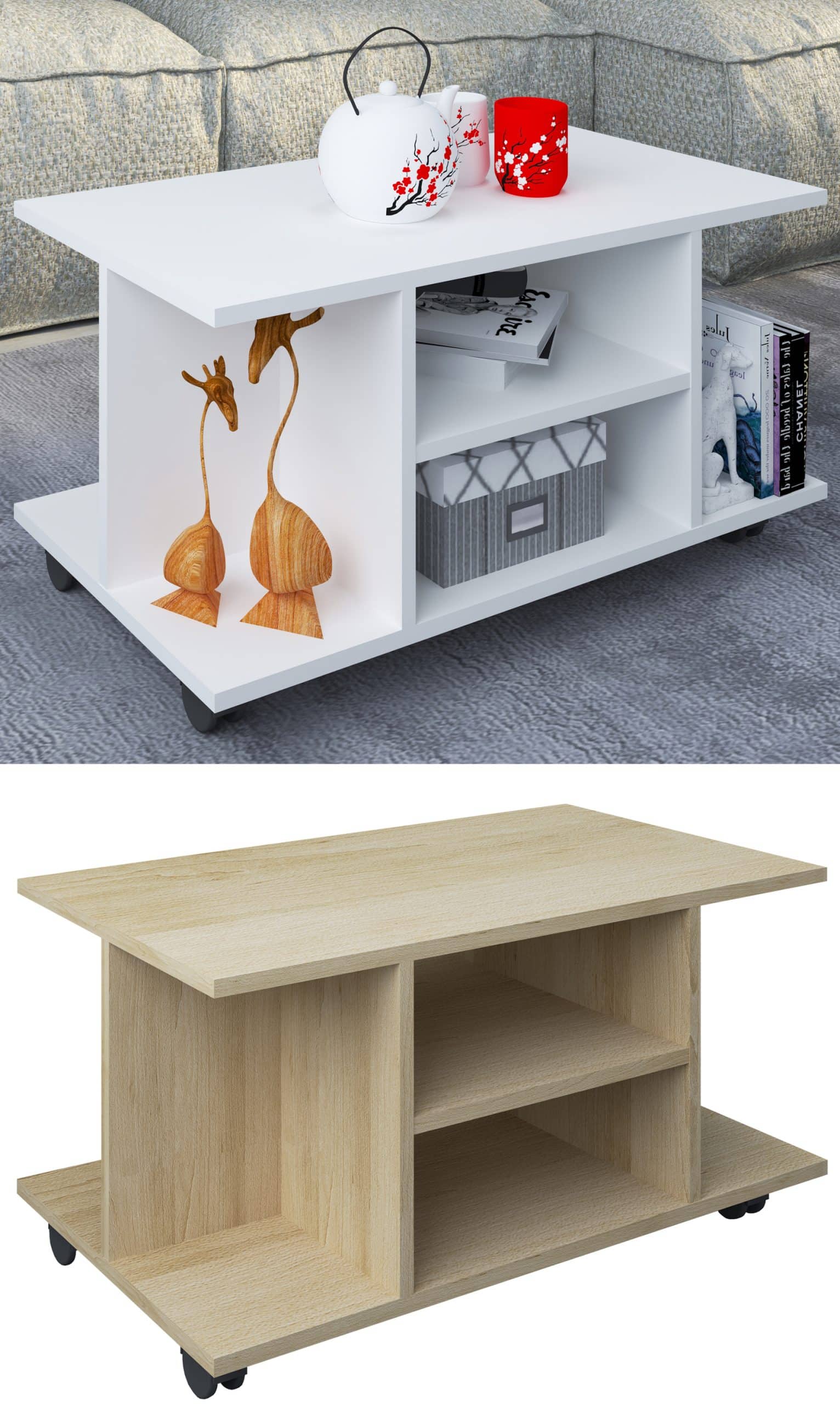 VCM Holz Couchtisch   Sofatisch mit ausreichend Stauraum   Maße ca. H. 40 x B. 80 x T. 40 cm   Wohnzimmertisch rollbar - Findula