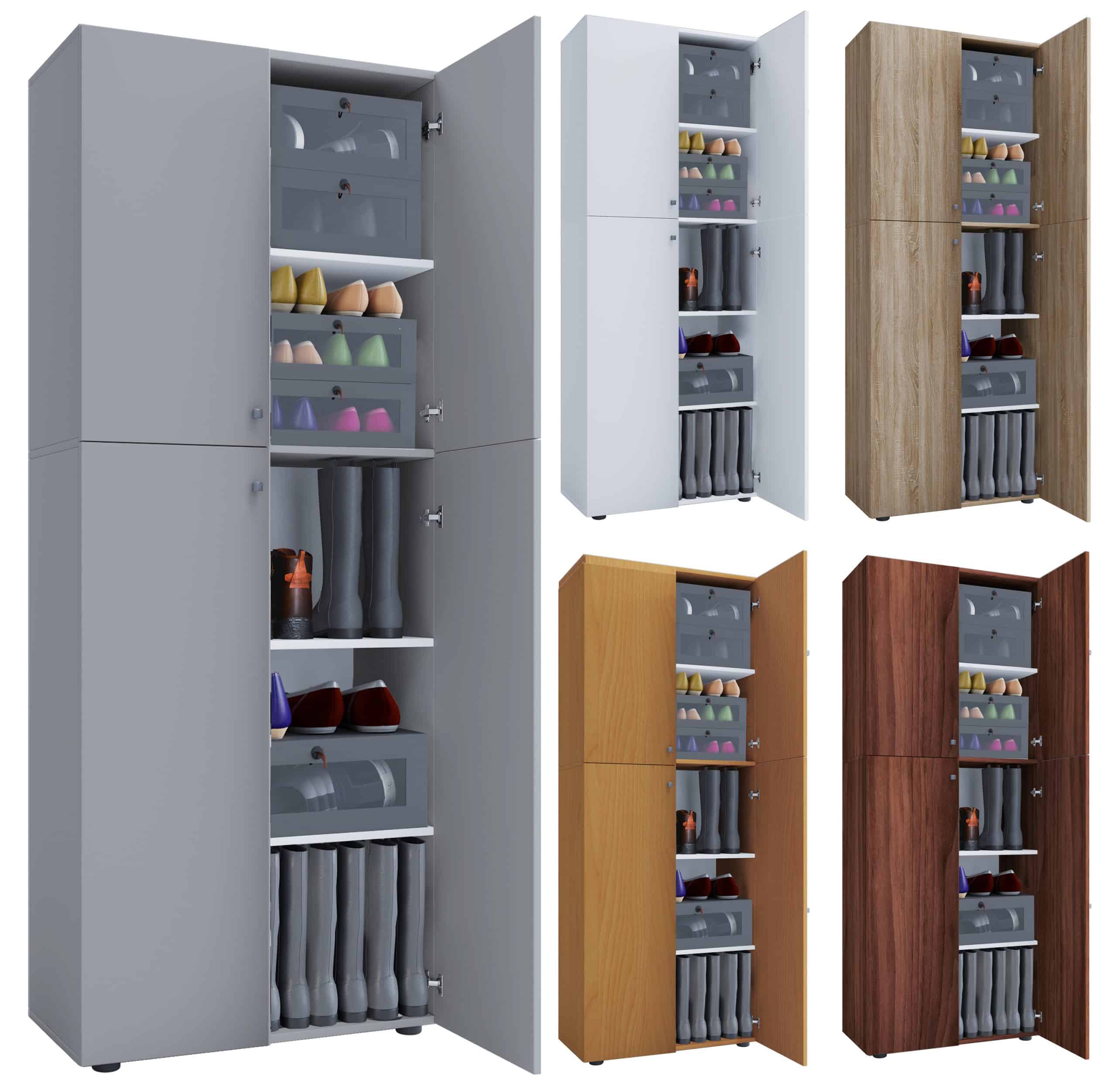 VCM Holz-Schuhschrank   Maße: B. 70 x H. 184 x T. 40 cm   Allzweckschrank   5 Fächer   4 Drehtüren - Lona