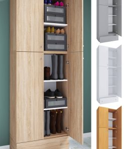 VCM Holz-Schuhschrank   Maße: H. 200 x B. 70 x T. 39 cm  Allzweckschrank   5 Fächer   4 Drehtüren   extra Schublade– Lona