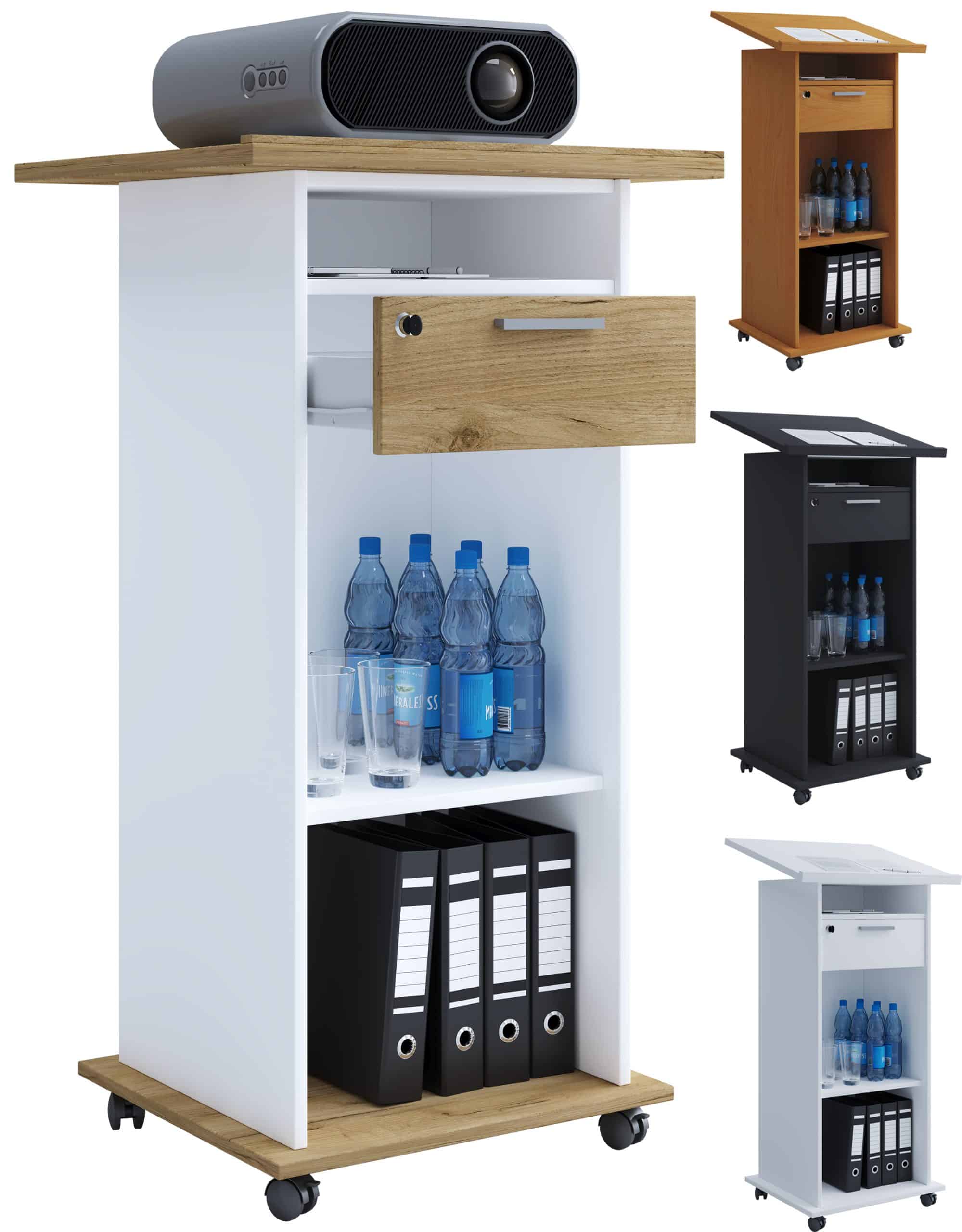 VCM Holz Standschreibtisch   ideal für Beamer oder Projektor mit Rollen   Maße: H. 108 x B. 60 x T. 50 cm   Pultfläche neigbar   Schublade abschließbar - Neta