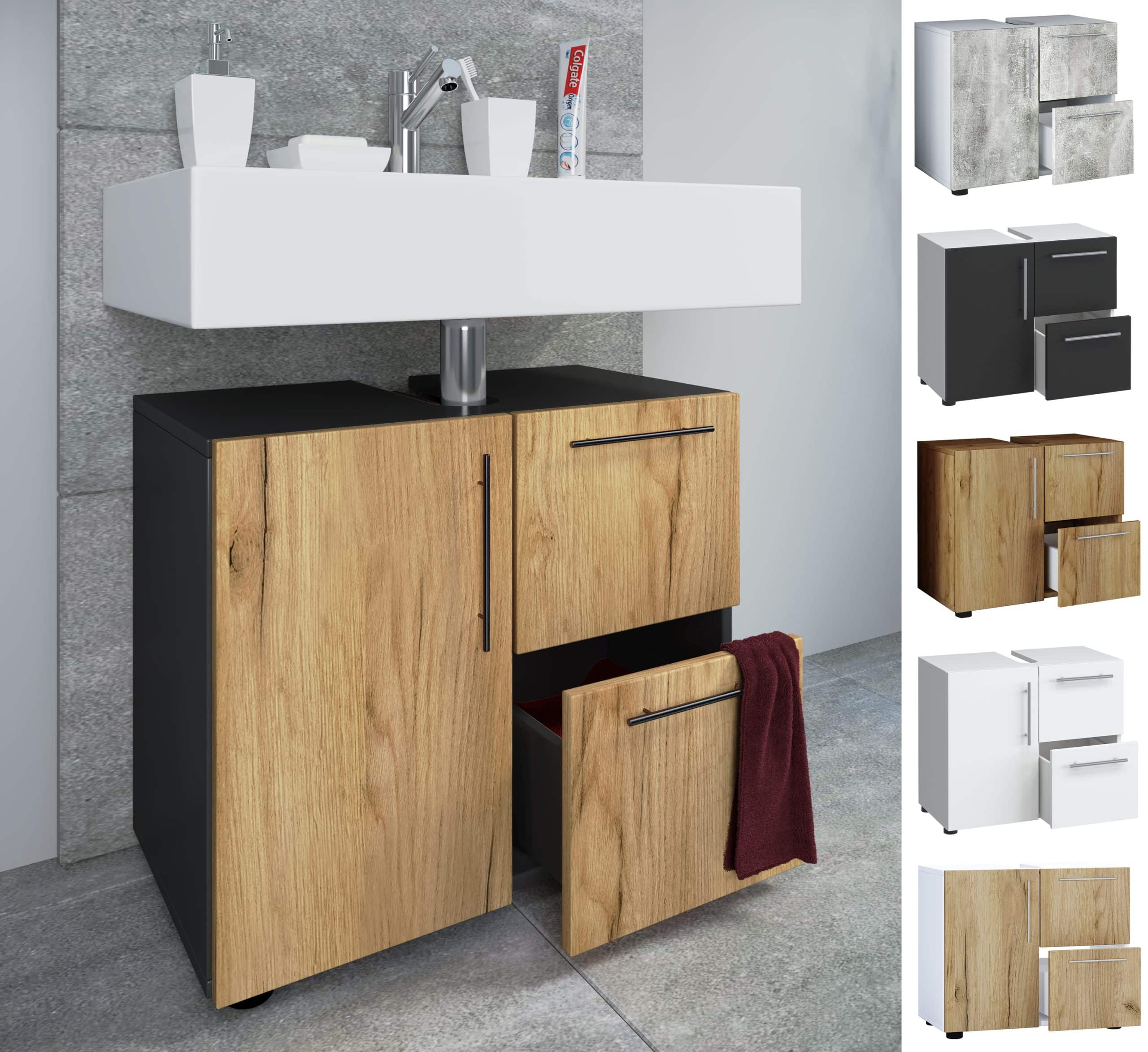 VCM Holz Waschbeckenunterschrank   Badschrank   Maße: H. 51 x B. 61 x T. 32 cm   1 Drehtür   2 große Schubladen   modernes Badezimmermöbel - Flandu
