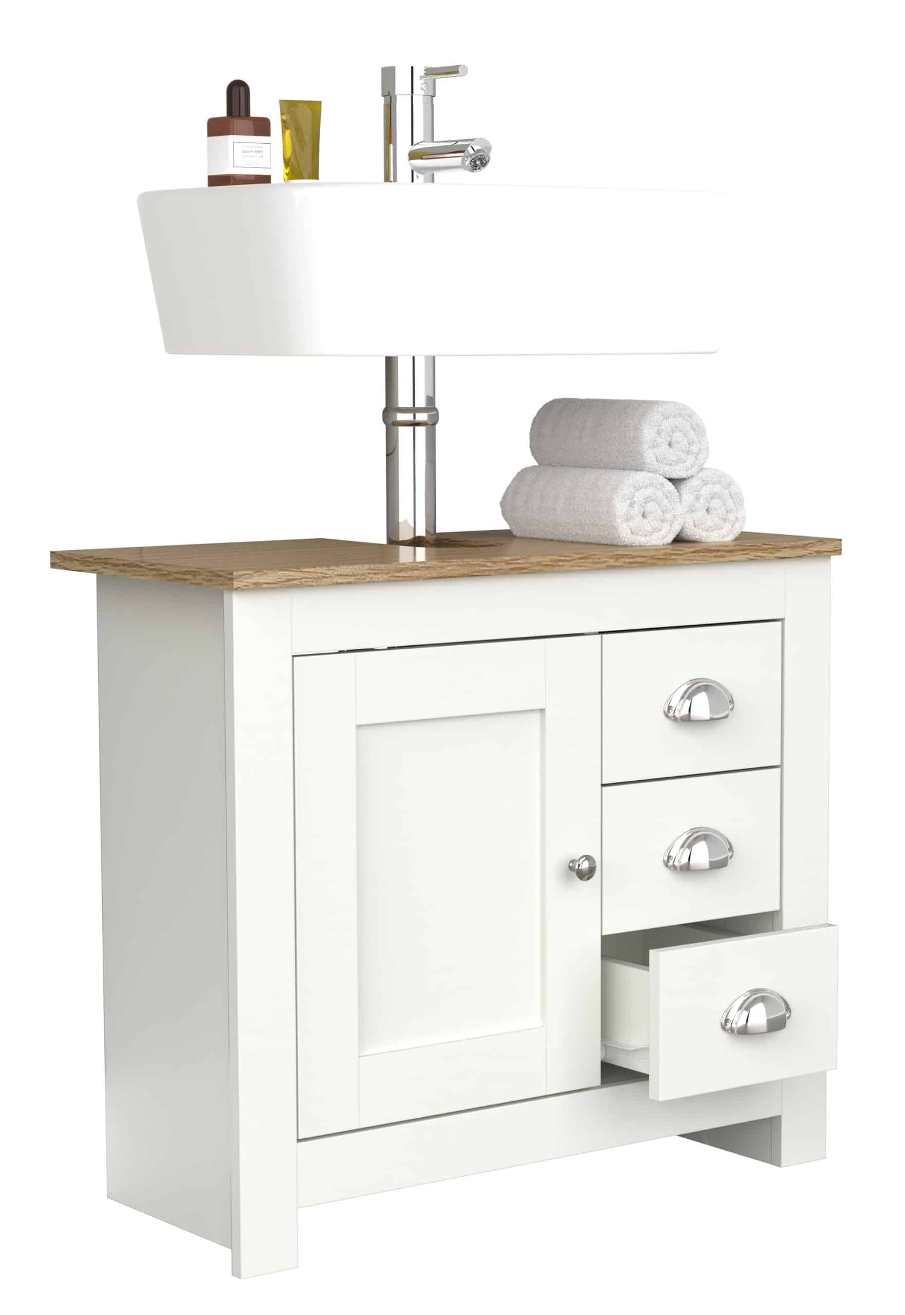 VCM Holz Waschbeckenunterschrank   Badschrank   Maße: H. 58 x B. 65 x T. 30 cm   1 Drehtür   3 kleine Schubladen - Balusa L